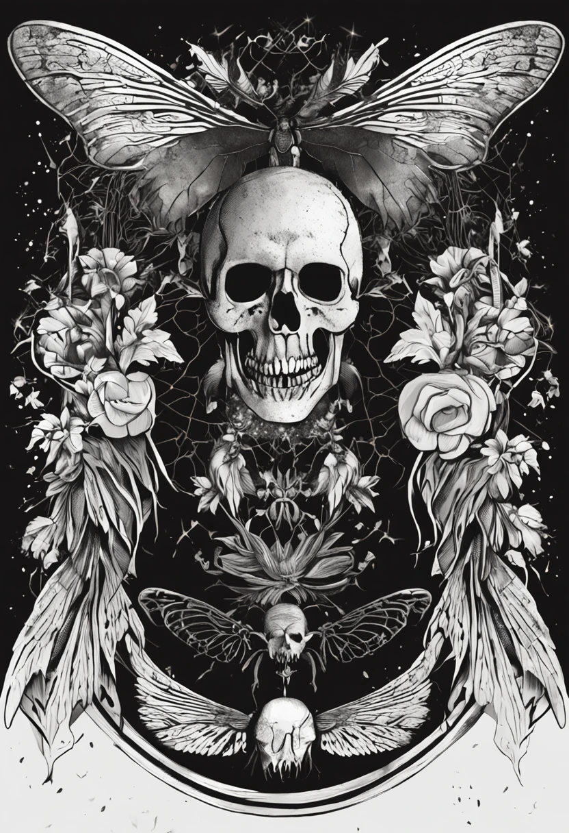 Black and white image of a moth with a skull, Golden dust on wings, author：Micha Klein, Michael Wayland, Michael Wellen, black metal band logo, Anthony McBain, Inspired by Michael Sufen, Inspired by Melchiol Brodermam, ( ( ( skeleton ) ) ), vulcan, Moroch mused, Jon Lothian, soft