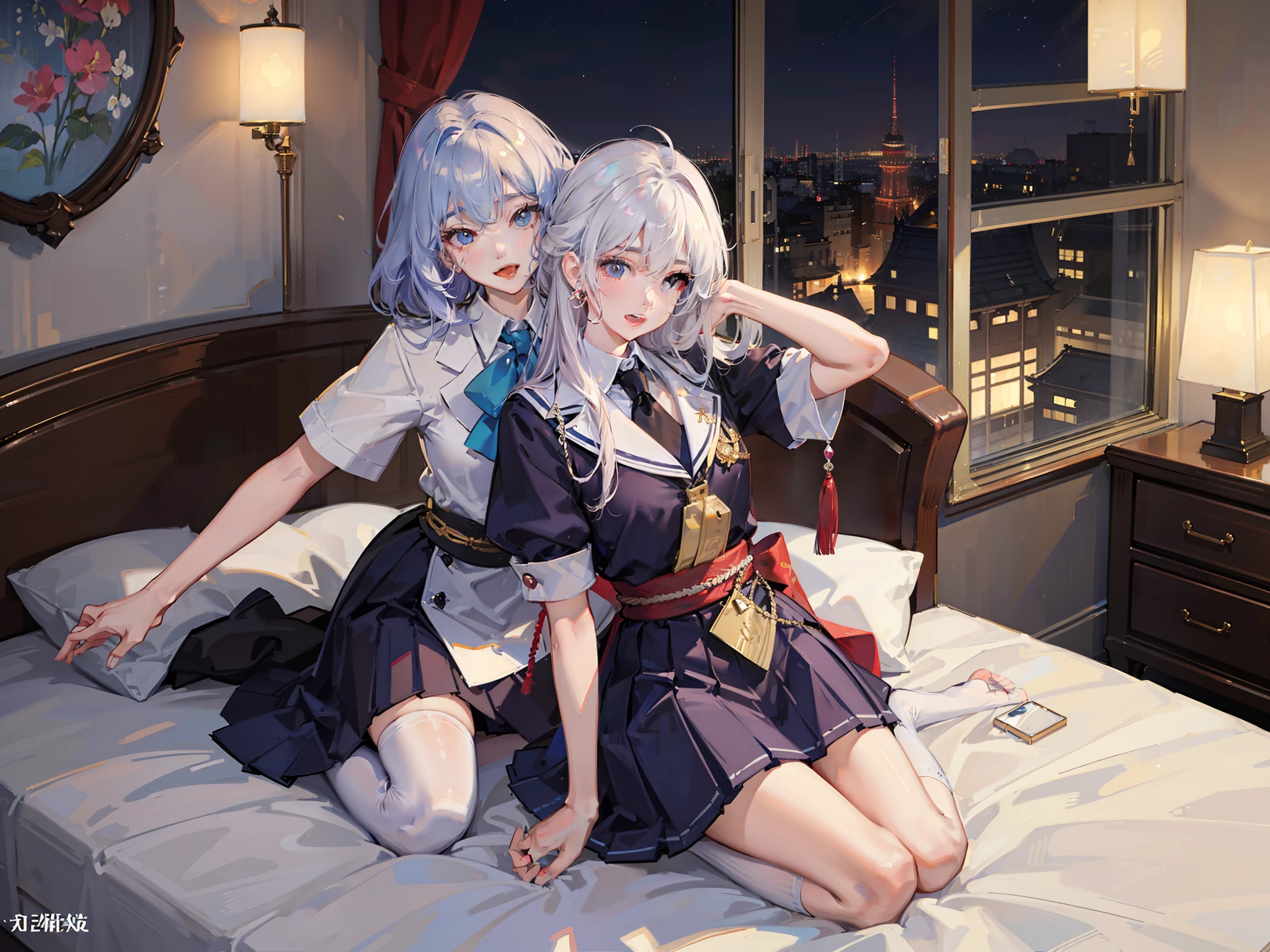 ((top-quality、8K、Manhwa Style:1.4、tmasterpiece，Double，2p，onbed，Pubic hair shows through，full bodyesbian，))、back Lighting、Superskirt、JK school uniform、Beautiful Japanese woman、18yr old、white stockings、with short white hair、Ultra-delicate skin、beautiful make up、A detailed eye、A smile、open open mouth、