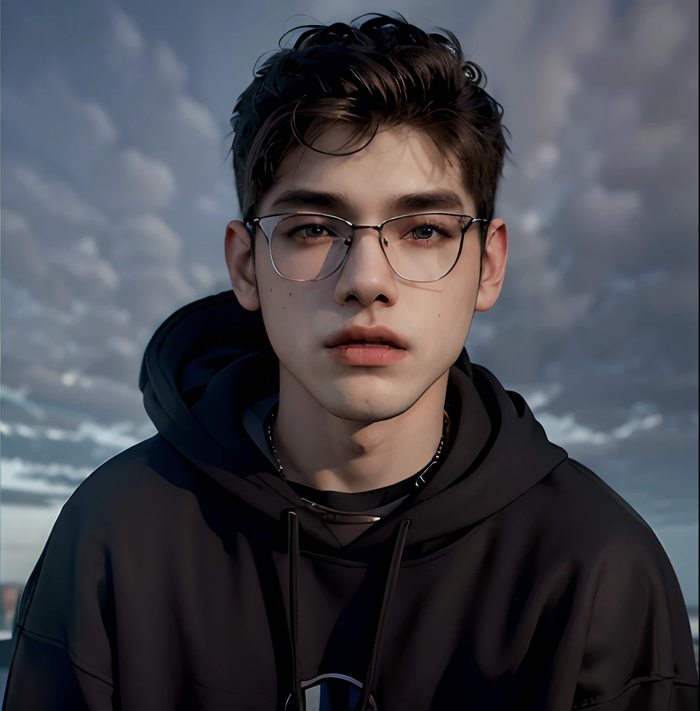 (masterpiece:1.2), (best quality:1.2), hyper realistic,highestres,absurdres,extremely detailed,volumetic,dramatic lighting,(frontal view),
20 year old boy,face,detailed eyes, flat black hoodie, black t-shirt, with background ((sky))