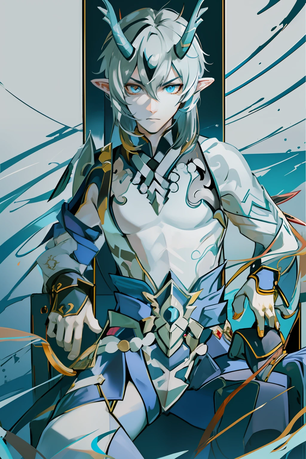 （absurderes，A high resolution，Hyper-detailing，hdr），Dragon's horn，younge boy，tmasterpiece，best qualtiy，1人，独奏，Handsome，Golden eyes，Fine eyes and detailed face，toppless，Tattooed with，arma，seated on a throne，Indifferent and arrogant，Abs，chest muscle，Raised sexy，Ruffian，Show your temperament，Male，masculine appeal，Male characteristics are distinct，Long messy hair，Arrogant，self-assured，Sitting majestically on the throne，Pondering，Legs crossed，white pantie，supreme，Lazy，Handsome，