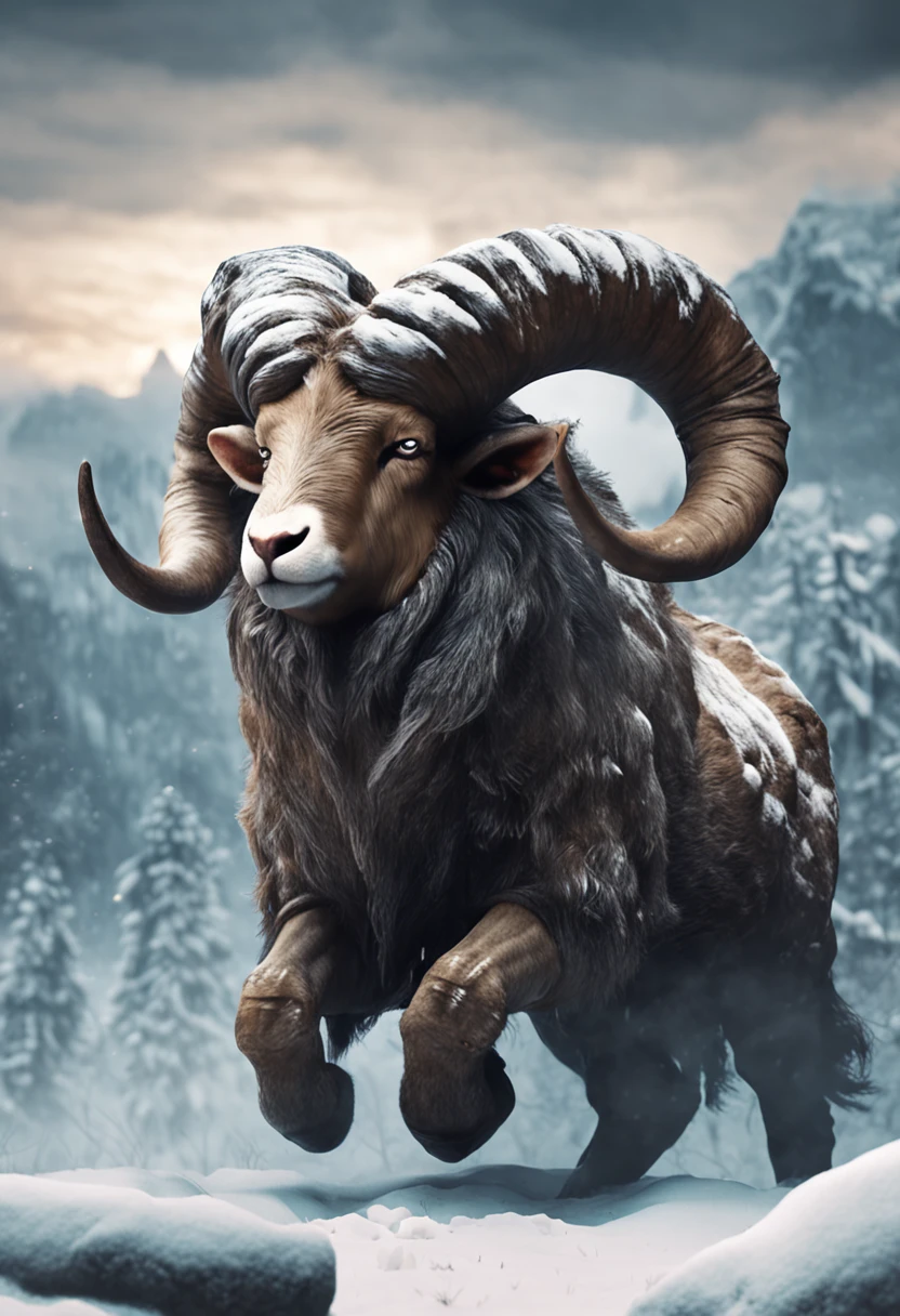 Fierce and powerful magic ram like an enemy dungeon boss of RPG, a large and strong beast ram animal creature，Horns as thick and powerful as Papamut Like a white mammoth A furry ram Powerful creatures in the snow forest in a snowstorm Medieval art Cosplay art