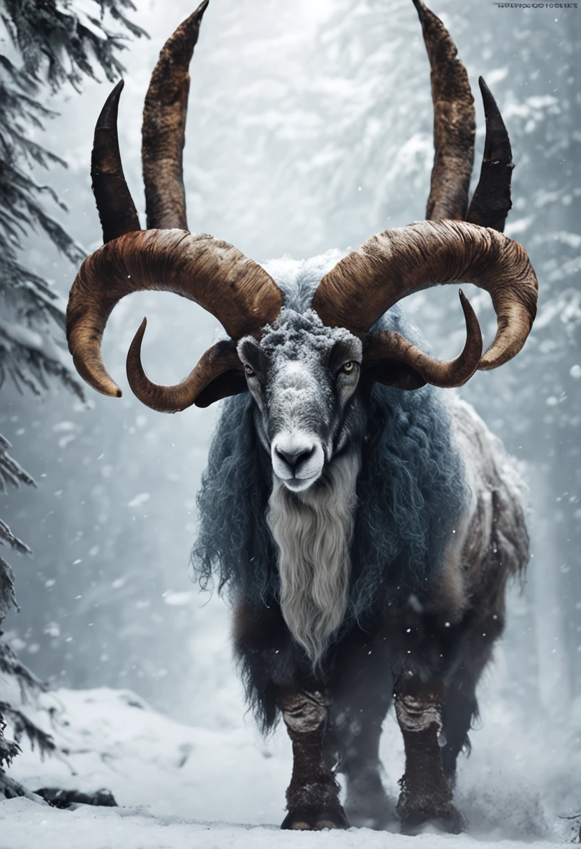Fierce and powerful magic ram like an enemy dungeon boss of RPG, a large and strong beast ram animal creature,Horns as thick and powerful as Papamut Like a white mammoth A furry ram Powerful creatures in the snow forest in a snowstorm Medieval art Cosplay art