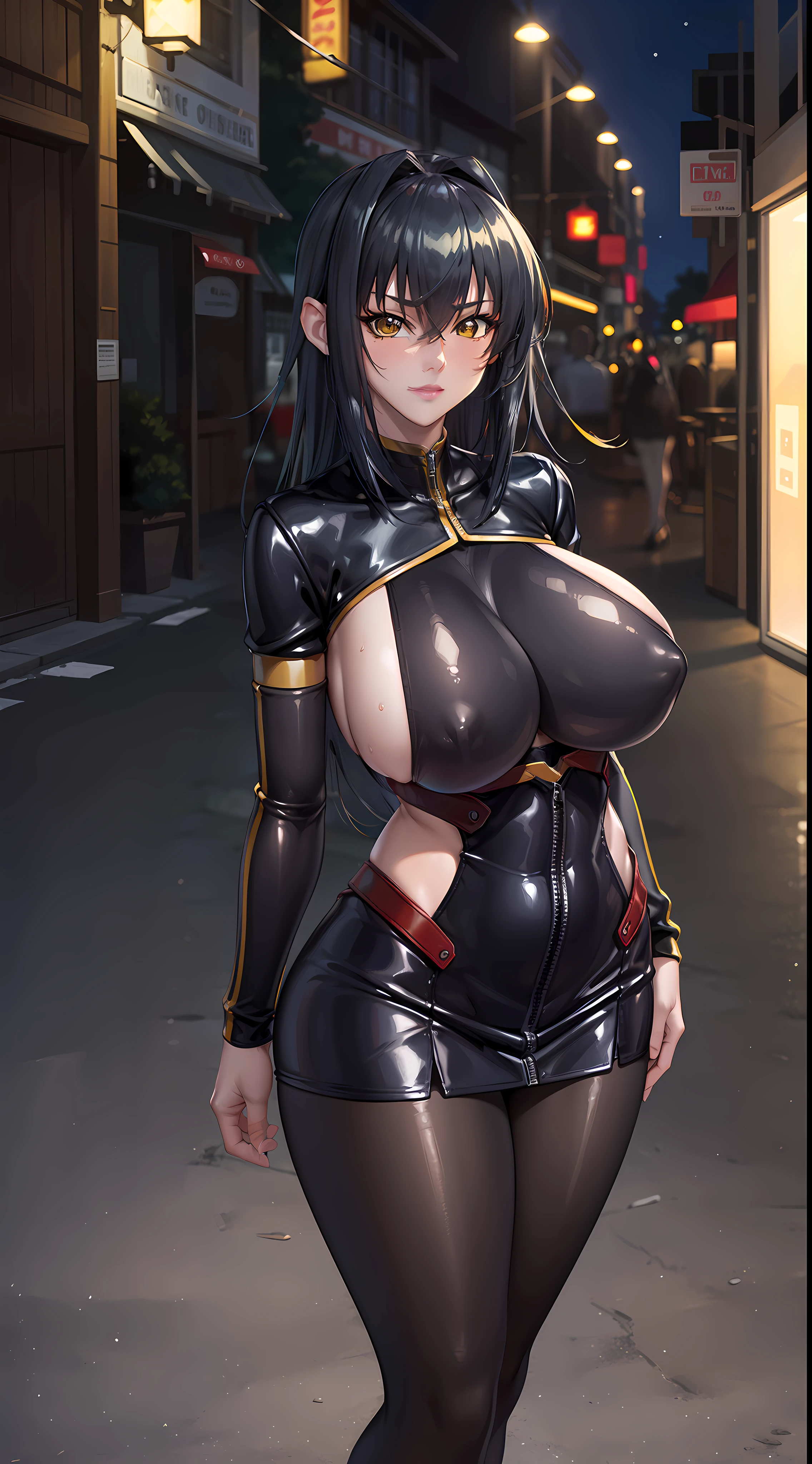 professional artwork, Intricate Details, field of view, sharp focus, detailed painting, photorealistic lighting, trending on pixiv, Standing at attention, black outfit ,yellow collared shirt,black and red bodysuit,skin_tight,black legwear, black pantyhose, Side_boob, black hair,very long hair, Bangs,yellow eyes,makeup, lipstick, 20yo,mature female,Beautiful Finger,Beautiful long legs,Beautiful body,Beautiful Nose,Beautiful character design, perfect eyes, perfect face, looking at viewer, NSFW,official art,extremely detailed CG unity 8k wallpaper, perfect lighting,Colorful, Bright_Front_face_Lighting, (masterpiece:1.0),(best_quality:1.0), ultra high res,4K,ultra-detailed, photography, 8K, HDR, highres, absurdres:1.2, Kodak portra 400, film grain, blurry background, bokeh:1.2, lens flare, (vibrant_color:1.2) (Beautiful,large_Breasts:1.4), (beautiful_face:1.5),(narrow_waist), (solo:1.4), ((landscape dimension))