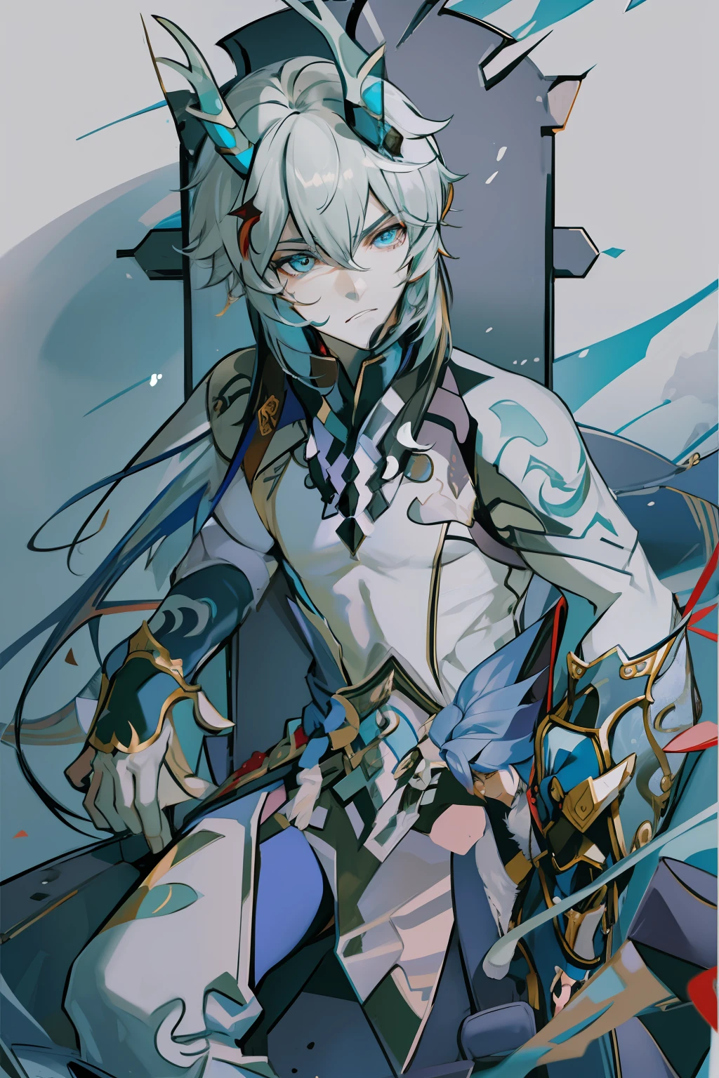 (absurderes,A high resolution,Hyper-detailing,hdr),Dragon's horn,younge boy,tmasterpiece,best qualtiy,1人,独奏,Handsome,Golden eyes,Fine eyes and detailed face,toppless,Tattooed with,arma,seated on a throne,Indifferent and arrogant,Abs,chest muscle,Raised sexy,Ruffian,Show your temperament,Male,masculine appeal,Male characteristics are distinct,Long messy hair,Arrogant,self-assured,Sitting majestically on the throne,Pondering,Legs crossed,white pantie,supreme,Lazy,Handsome,