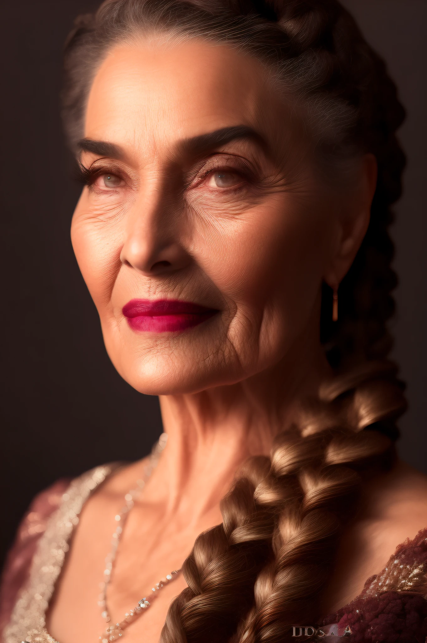 foto, capa de revista, ((close-up de mulher)), (((idosa))), velha, 80 anos de idade, (linda), bela, roupas modernas, moda, obra-prima, ((Silver lighting)), realismo, detalhes intricados, (rosto expressivo), ((leve sorriso)), olhos azuis amendoados, 8k, 200mm camera lens, poros aparentes, (((muitas rugas))), textura, ((expression lines)), pele morena clara, cabelos castanhos, (long hair with braids), vento forte, luz lateral, (nitidez), (realismo), cinematiclight, rose petals, (add_detail:1)