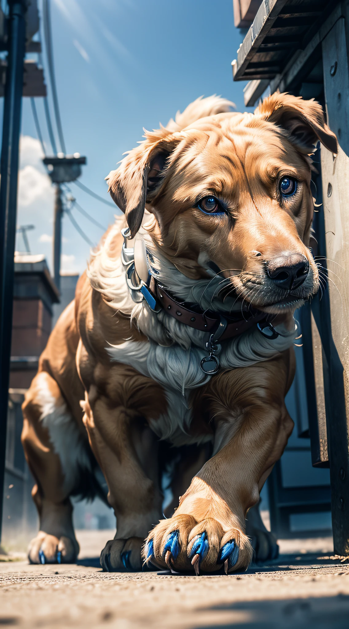 8k, realistic, vray, HDR, an extremely strong, robust Fila dog, blue eyes, wide and strong paws