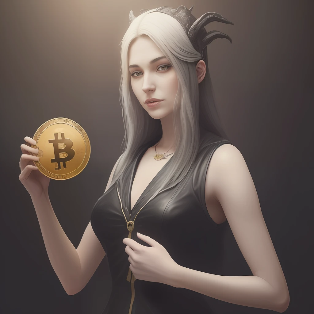 a women holding bitcoin in hand and a dragon head, in the style of realistic and hyper-detailed renderings, moody black and white, hyperrealistic marine life,