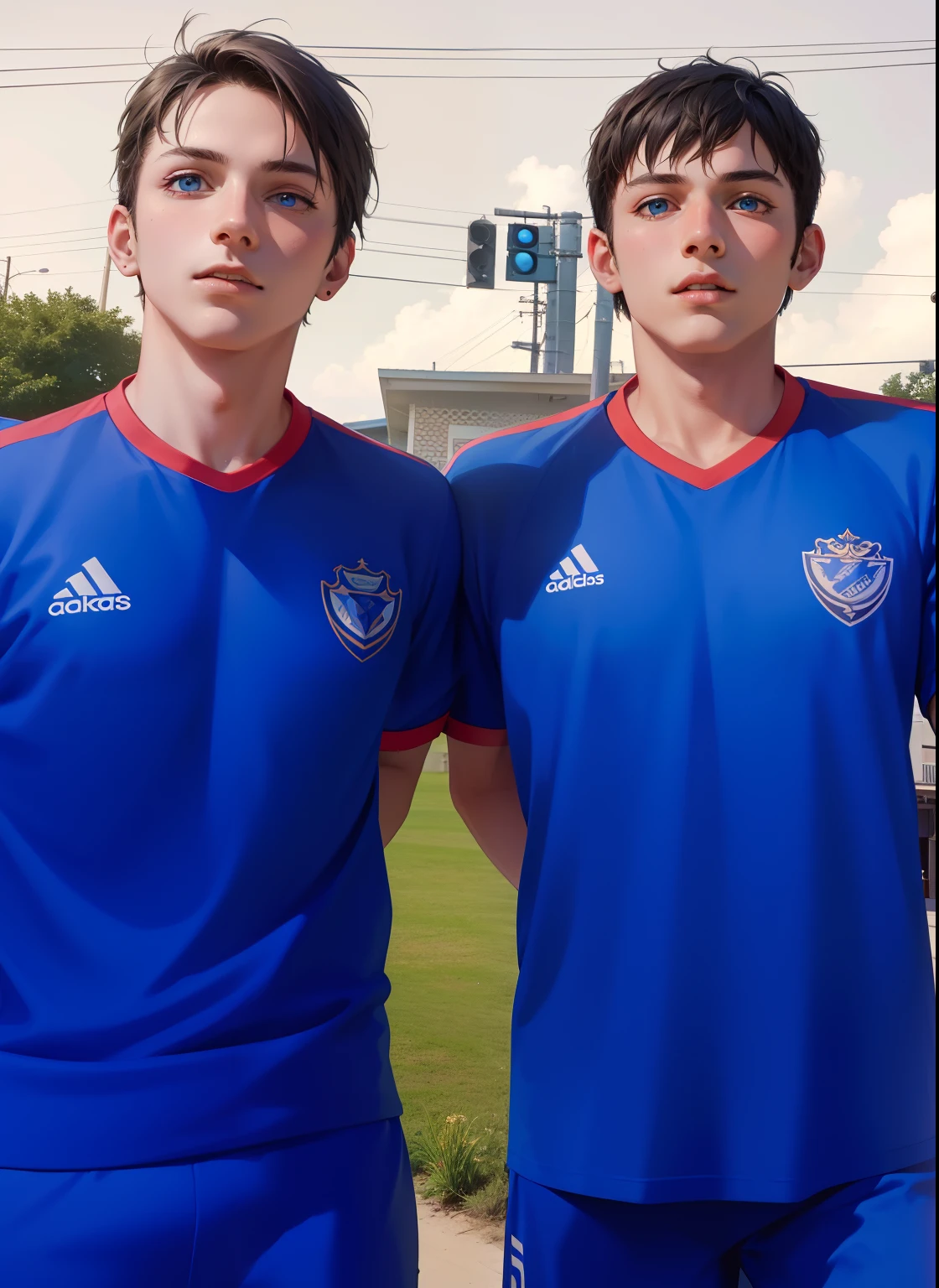 Attractive profile picture, masterpiece, ultra-precise rendering, beautiful and cool young man, most beautiful image, 4K, 2 man, soccer player, perfect eyes, blue eyes.