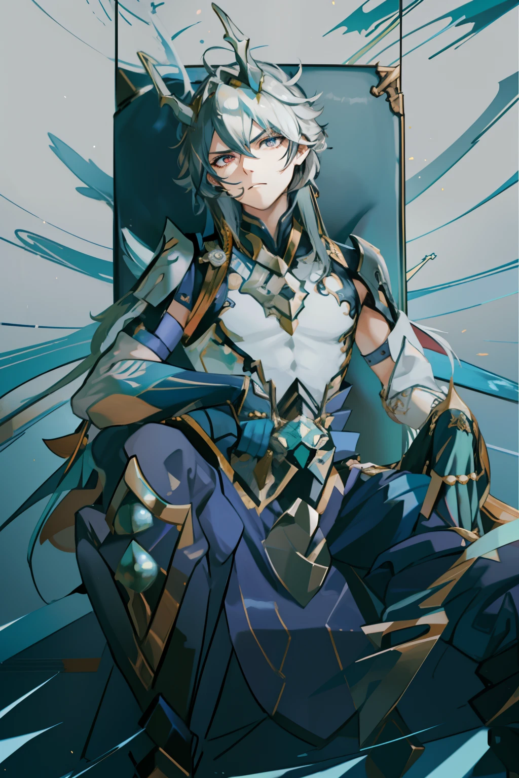 （absurderes，A high resolution，Hyper-detailing，hdr），Dragon's horn，younge boy，tmasterpiece，best qualtiy，1人，独奏，Handsome，Golden eyes，Fine eyes and detailed face，toppless，Tattooed with，arma，seated on a throne，Indifferent and arrogant，Abs，chest muscle，Raised sexy，Ruffian，Show your temperament，Male，masculine appeal，Male characteristics are distinct，Long messy hair，Arrogant，self-assured，Sitting majestically on the throne，Pondering，Legs crossed，white pantie，supreme，Lazy，Handsome，