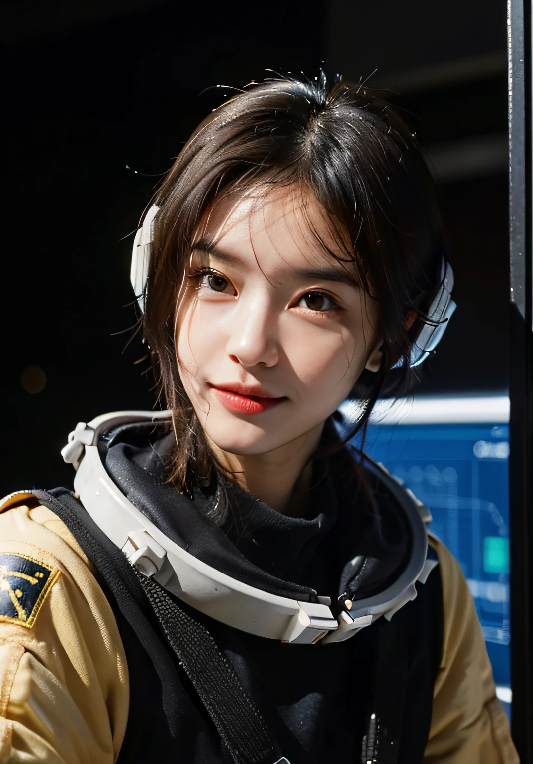 Highest image quality, outstanding details, ultra-high resolution, (realism: 1.4), ((close up:1.3, looking at viewer)), the best illustration, favor details, highly condensed 1girl, (cyberpunk,cybprg), a delicate and beautiful face, (short hair), (wearing baggy spacesuit with metal-ring-helmet-disconnecter, attached black and gray mecha, spacesuit-globes, yellow pipes and codes, flanges on spacesuit), (mark:radioactivity-hazard-symbol), ((revealed only head)), ((smile:0.75)), inside nobody spacestation platform