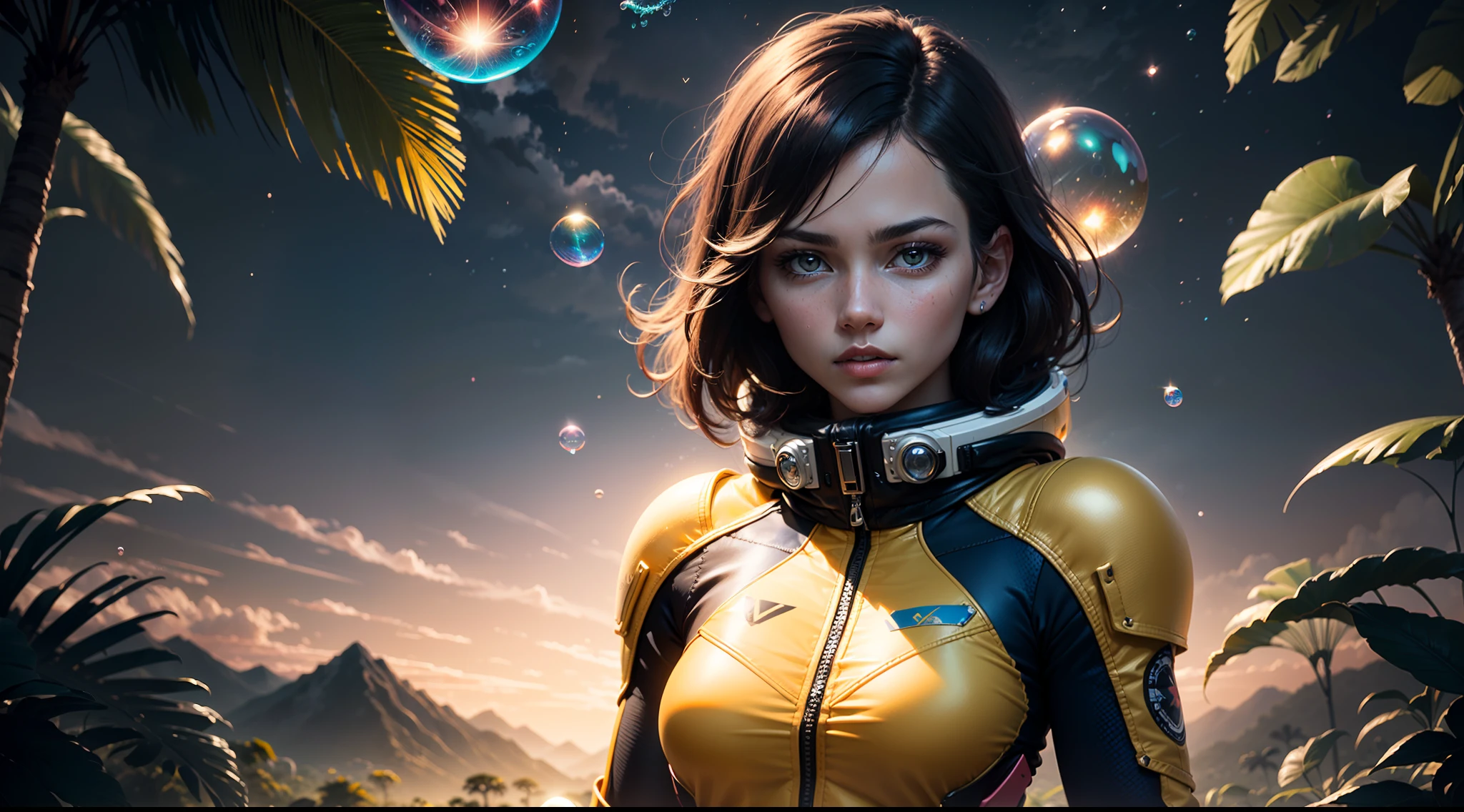 hd masterpiece, one standing woman space cadet looking at camera, detailed face, mid shot, golden suit, ((colorful clouds)) and (((neon soap bubbles))), jungles background