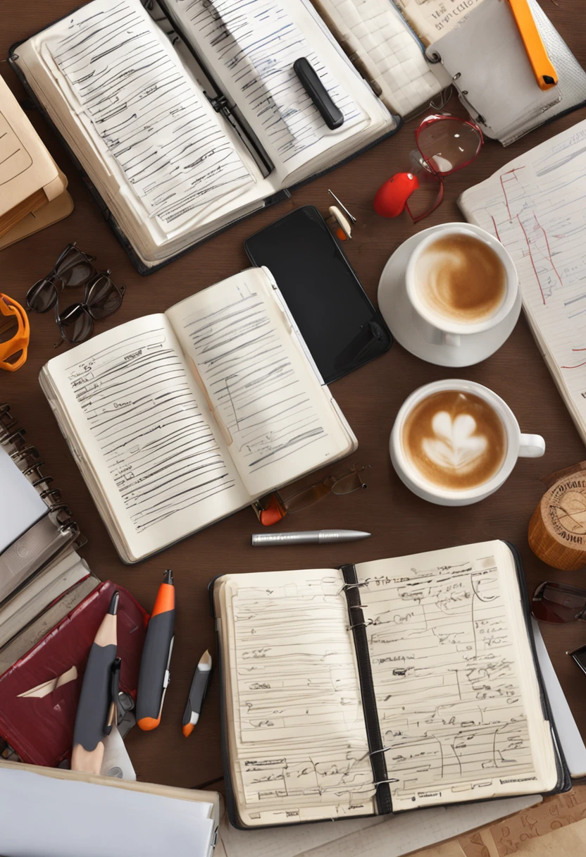 (knolling:1.5),books, pens, size, pencil case, exercise book, eraser, eye glass, cellular phone, a tablet, coffee, (Very detailed, reasonable design, Clear lines, High sharpness,best quality, masterpiece, movie lighting effects, 4K)