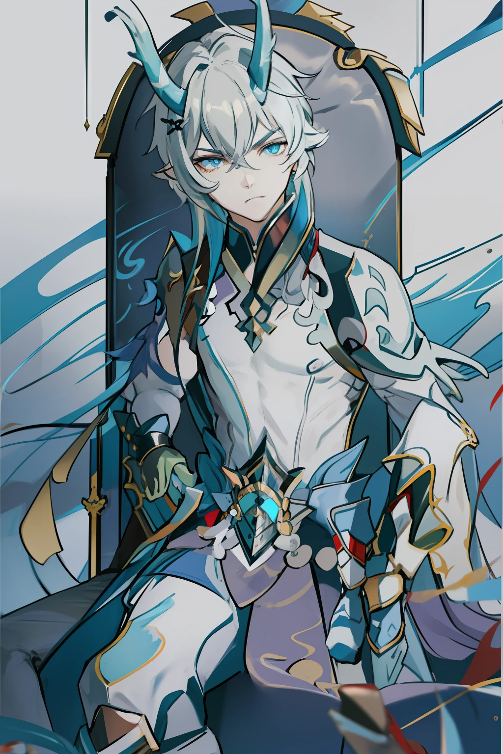 (absurderes,A high resolution,Hyper-detailing,hdr),Dragon's horn,younge boy,tmasterpiece,best qualtiy,1人,独奏,Handsome,Golden eyes,Fine eyes and detailed face,toppless,Tattooed with,arma,seated on a throne,Indifferent and arrogant,Abs,chest muscle,Raised sexy,Ruffian,Show your temperament,Male,masculine appeal,Male characteristics are distinct,Long messy hair,Arrogant,self-assured,Sitting majestically on the throne,Pondering,Legs crossed,white pantie,supreme,Lazy,Handsome,