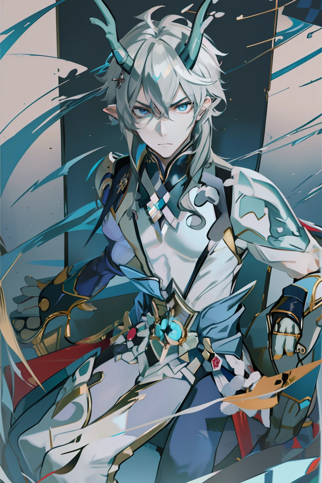(absurderes,A high resolution,Hyper-detailing,hdr),Dragon's horn,younge boy,tmasterpiece,best qualtiy,1人,独奏,Handsome,Golden eyes,Fine eyes and detailed face,toppless,Tattooed with,arma,seated on a throne,Indifferent and arrogant,Abs,chest muscle,Raised sexy,Ruffian,Show your temperament,Male,masculine appeal,Male characteristics are distinct,Long messy hair,Arrogant,self-assured,Sitting majestically on the throne,Pondering,Legs crossed,white pantie,supreme,Lazy,Handsome,