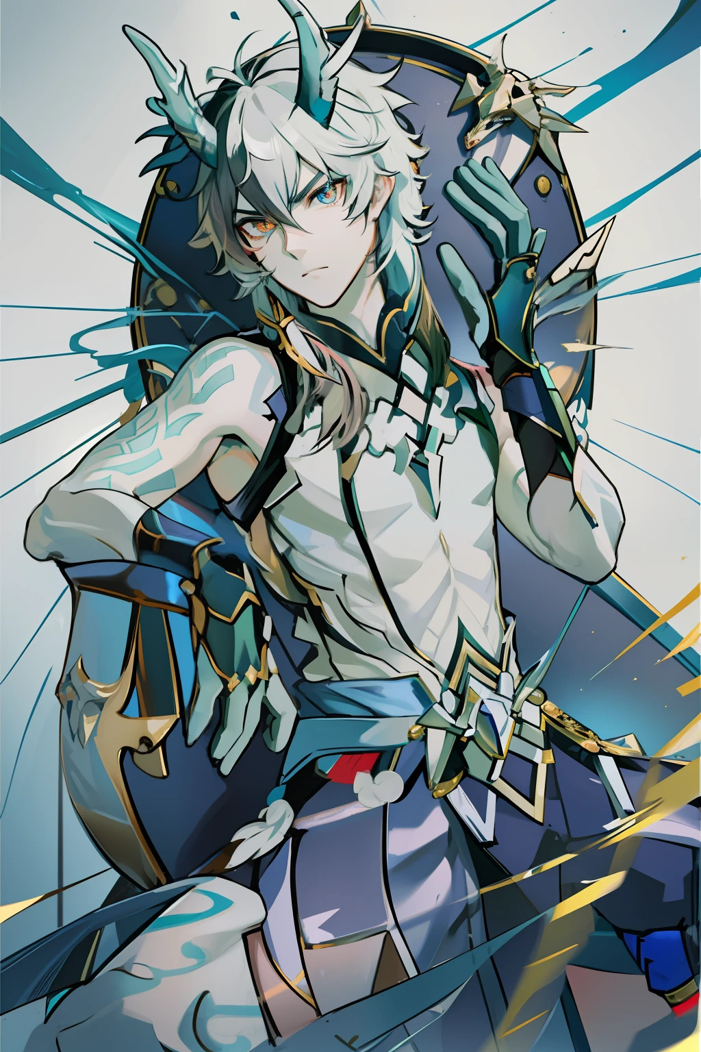 (absurderes,A high resolution,Hyper-detailing,hdr),Dragon's horn,younge boy,tmasterpiece,best qualtiy,1人,独奏,Handsome,Golden eyes,Fine eyes and detailed face,toppless,Tattooed with,arma,seated on a throne,Indifferent and arrogant,Abs,chest muscle,Raised sexy,Ruffian,Show your temperament,Male,masculine appeal,Male characteristics are distinct,Long messy hair,Arrogant,self-assured,Sitting majestically on the throne,Pondering,Legs crossed,white pantie,supreme,Lazy,Handsome,