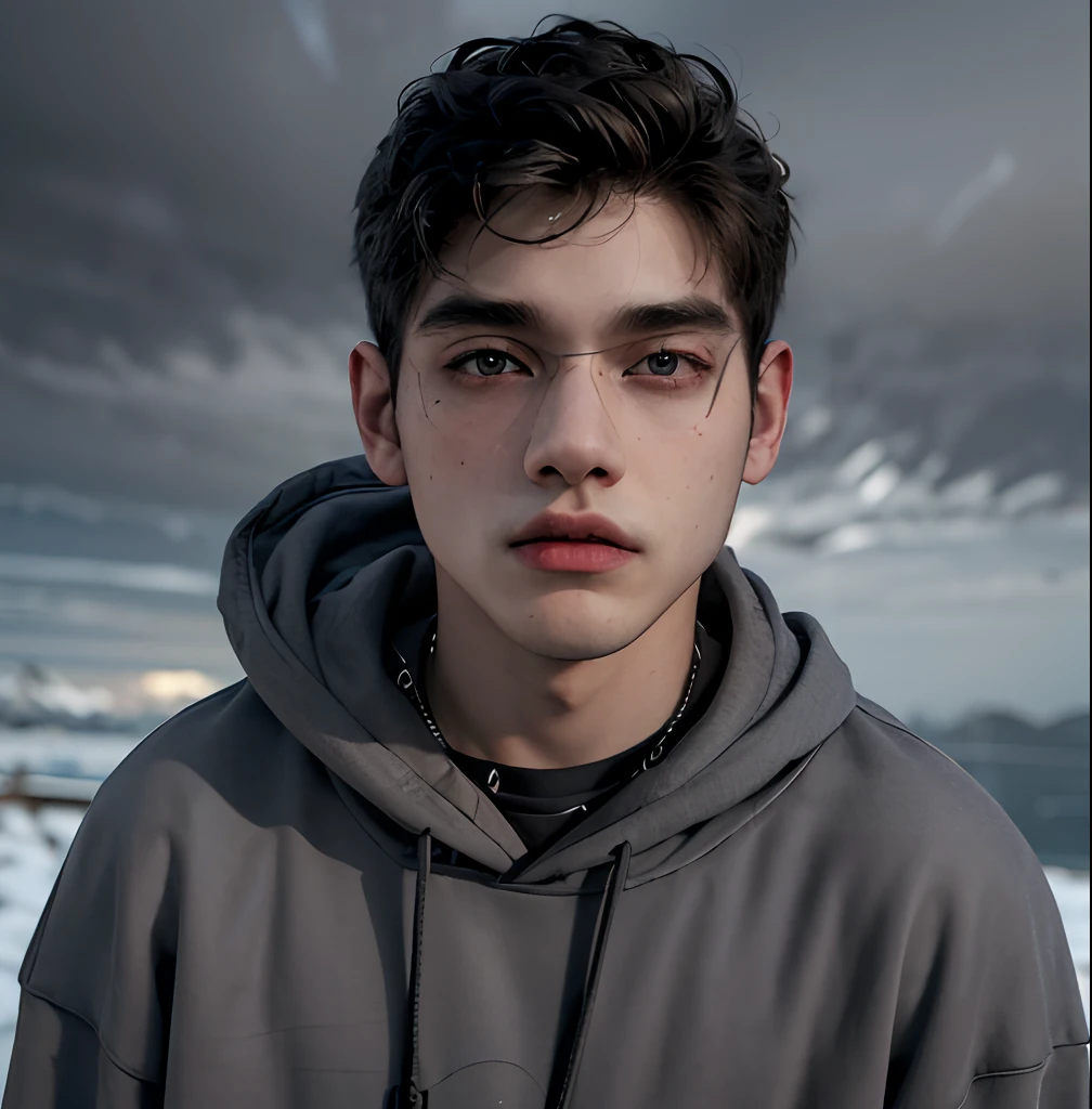 (masterpiece:1.2), (best quality:1.2), hyper realistic,highestres,absurdres,extremely detailed,volumetic,dramatic lighting,(frontal view),
20 year old boy,face,detailed eyes, dark grey hoodie, black t-shirt, with background ((sky))