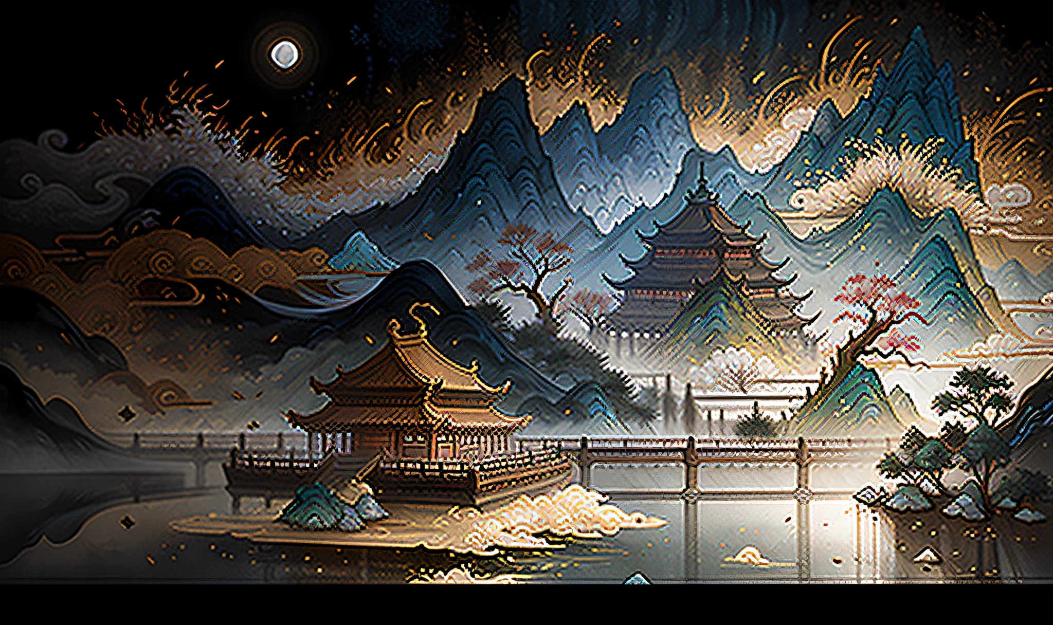 An ancient Chinese painting, ancient Chinese background, mountains, rivers, auspicious clouds, pavilions, sunshine, masterpieces, super detail, epic composition, ultra HD, high quality, extremely detailed, official art, unified 8k wallpaper, Super detail, 32k -- v 6