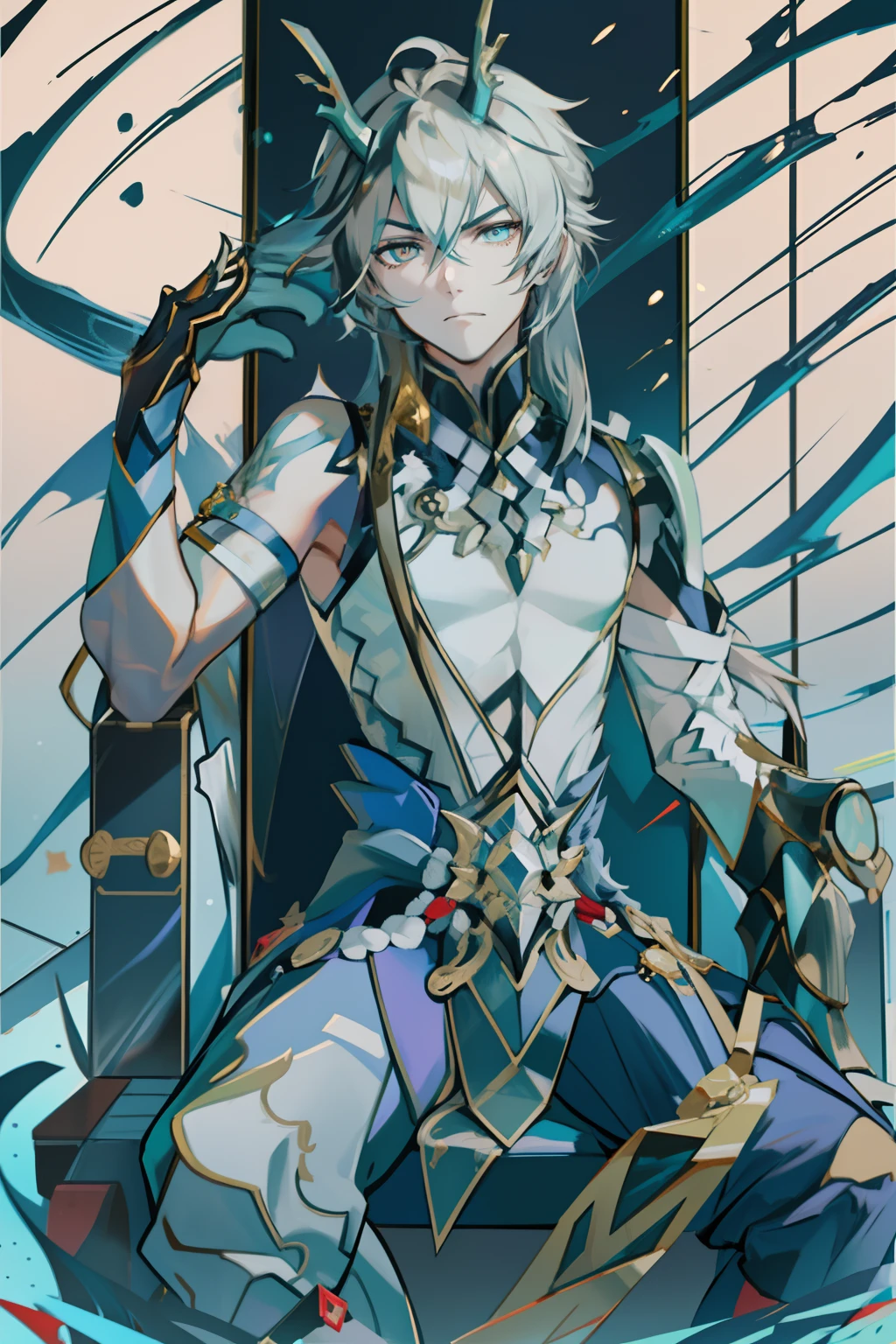 (absurderes,A high resolution,Hyper-detailing,hdr),Dragon's horn,younge boy,tmasterpiece,best qualtiy,1人,独奏,Handsome,Golden eyes,Fine eyes and detailed face,toppless,Tattooed with,arma,seated on a throne,Indifferent and arrogant,Abs,chest muscle,Raised sexy,Ruffian,Show your temperament,Male,masculine appeal,Male characteristics are distinct,Long messy hair,Arrogant,self-assured,Sitting majestically on the throne,Pondering,Legs crossed,white pantie,supreme,Lazy,Handsome,