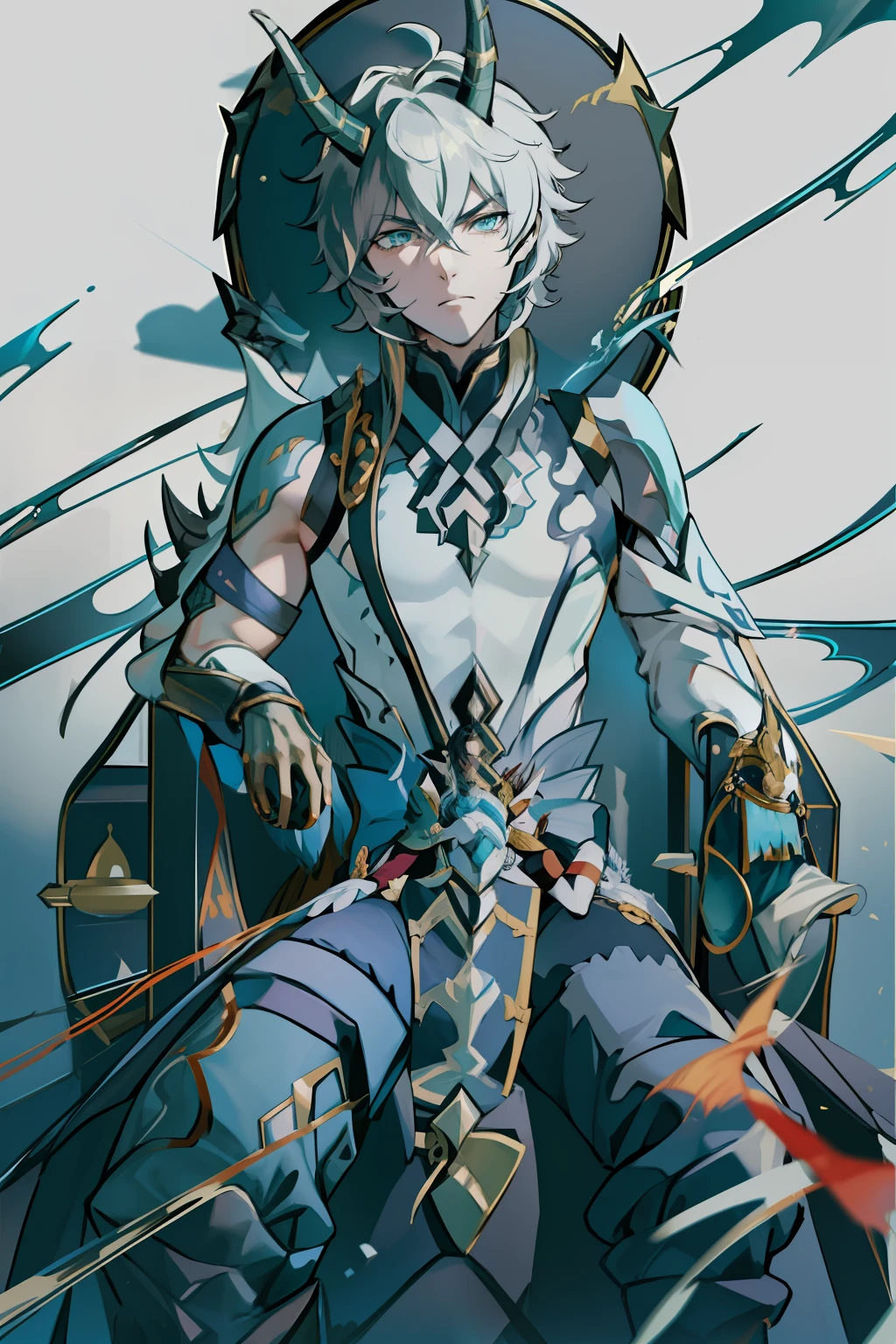 (absurderes,A high resolution,Hyper-detailing,hdr),Dragon's horn,younge boy,tmasterpiece,best qualtiy,1人,独奏,Handsome,Golden eyes,Fine eyes and detailed face,toppless,Tattooed with,arma,seated on a throne,Indifferent and arrogant,Abs,chest muscle,Raised sexy,Ruffian,Show your temperament,Male,masculine appeal,Male characteristics are distinct,Long messy hair,Arrogant,self-assured,Sitting majestically on the throne,Pondering,Legs crossed,white pantie,supreme,Lazy,Handsome,
