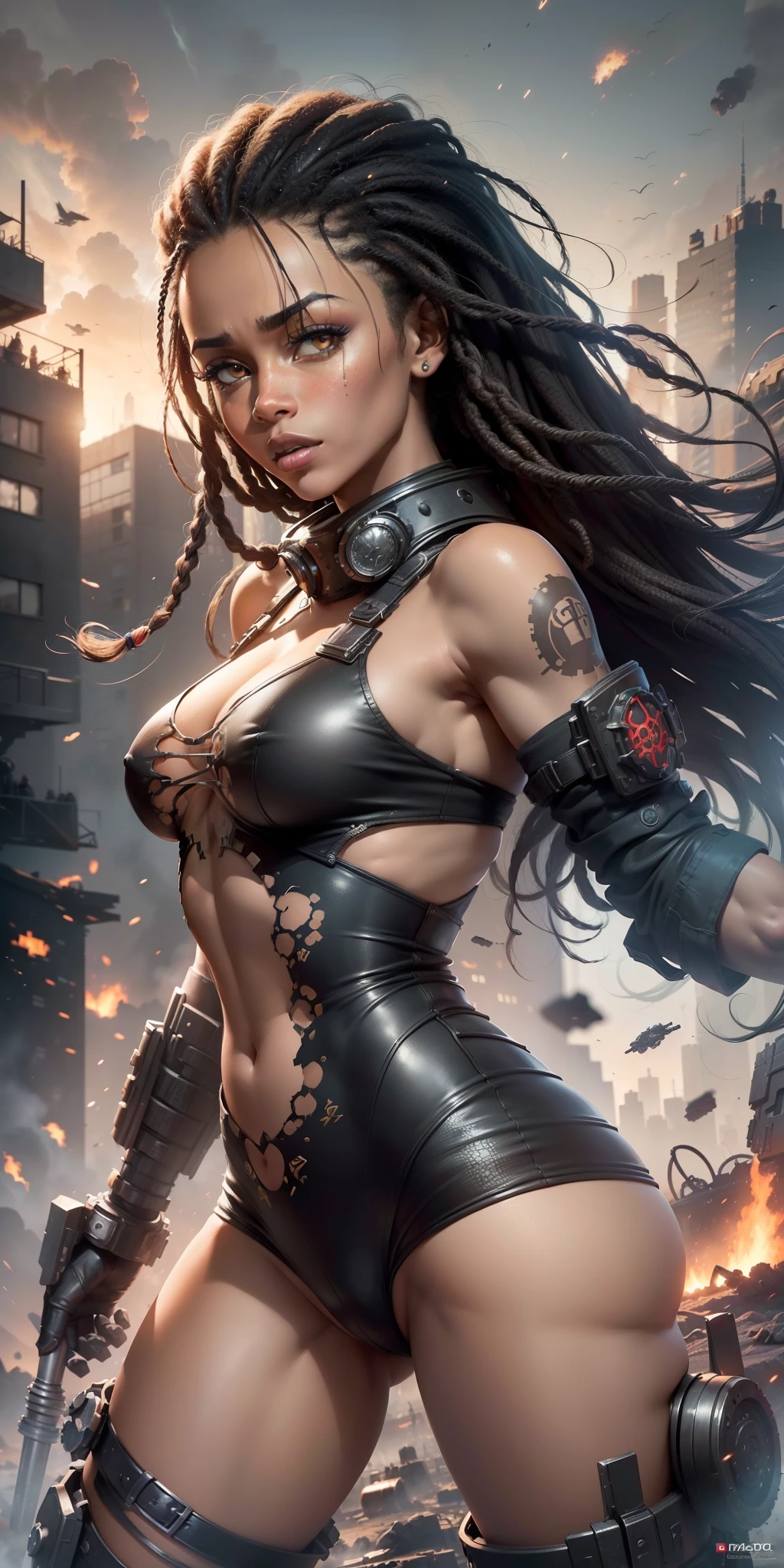 (((NSFW, desenho de linha, Desenho em aquarela, best quality, Ultra Detalhado, master part, 1 mulher negra de 21 anos, pele negra, corpo inteiro, corpo magro, Gears of War estilo sci-fi NSFW caça))), ((1 mulher negra de 21 anos, pele negra, cabelo dreadlock, beautiful face, rosto bem desenhado, symmetrical face, detailed hands, well drawn hands, symmetric eyes, corpo magro: 1.2, sci-fi soldier, Usando NSFW Armor Sci-Fi, corpo magro esbelto, corpo inteiro)), dynamic pose, Pose de combate, motor ureal 5, 8k, drama ao vivo, apocalyptic cityscape, proporcional, symmetric, proportion Aurea, art-station, Velhaco, Dynamic Combat Pose, Steampunk