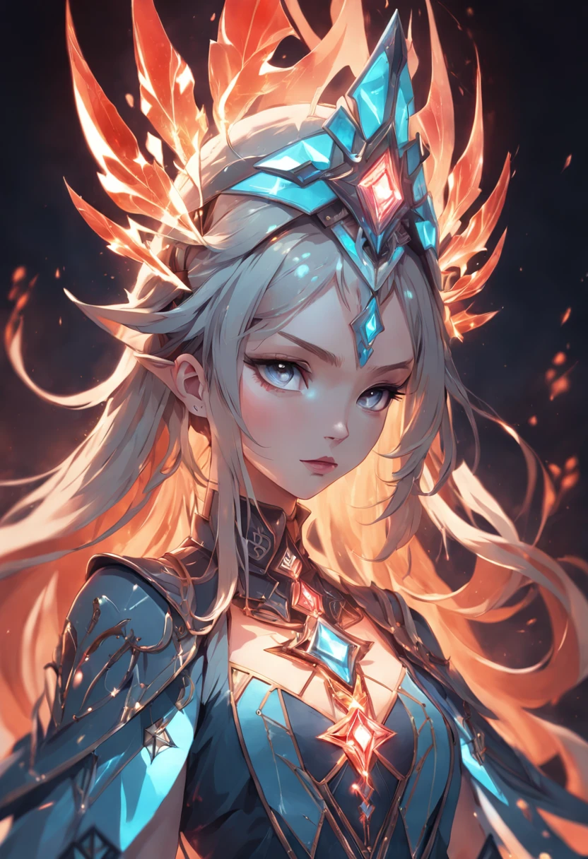 (Game King Card:1.5, rotational symmetry),Anna Dittmann,(cowboy shot),minimalist compositions,flame,Female magician,Exquisite crystal headdress, exquisite crystal armor,Electroluminescent Wire,Dreamy Glow,conceptual digital art, Azure red and gray,(Very detailed, reasonable design, Clear lines, High sharpness,best quality, masterpiece, 4K )