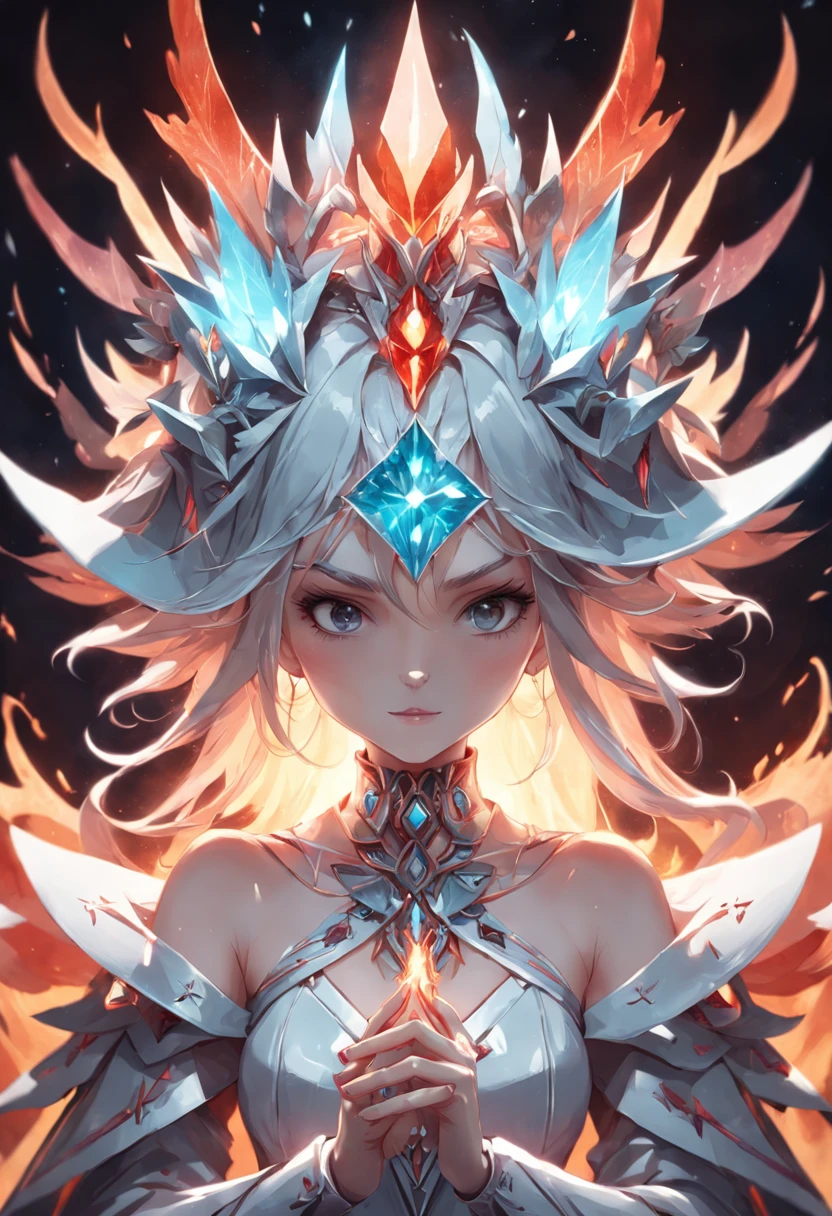（Game King Card:1.5, rotational symmetry),Anna Dittmann,(cowboy shot),minimalist compositions,flame,Female magician,Exquisite crystal headdress, exquisite crystal armor，Electroluminescent Wire,Dreamy Glow，conceptual digital art, Azure red and gray,(Very detailed, reasonable design, Clear lines, High sharpness,best quality, masterpiece, 4K )