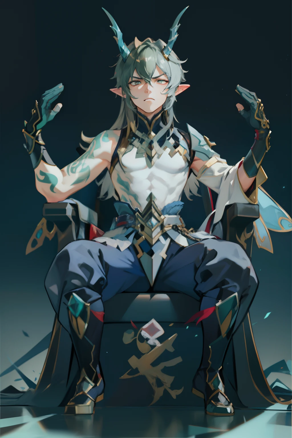 (absurderes,A high resolution,Hyper-detailing,hdr),Dragon's horn,younge boy,tmasterpiece,best qualtiy,1人,独奏,Handsome,Golden eyes,Fine eyes and detailed face,toppless,Tattooed with,arma,seated on a throne,Indifferent and arrogant,Abs,chest muscle,Raised sexy,Ruffian,Show your temperament,Male,masculine appeal,Male characteristics are distinct,Long messy hair,Arrogant,self-assured,Sitting majestically on the throne,Pondering,Legs crossed,white pantie,supreme,Lazy,Handsome,