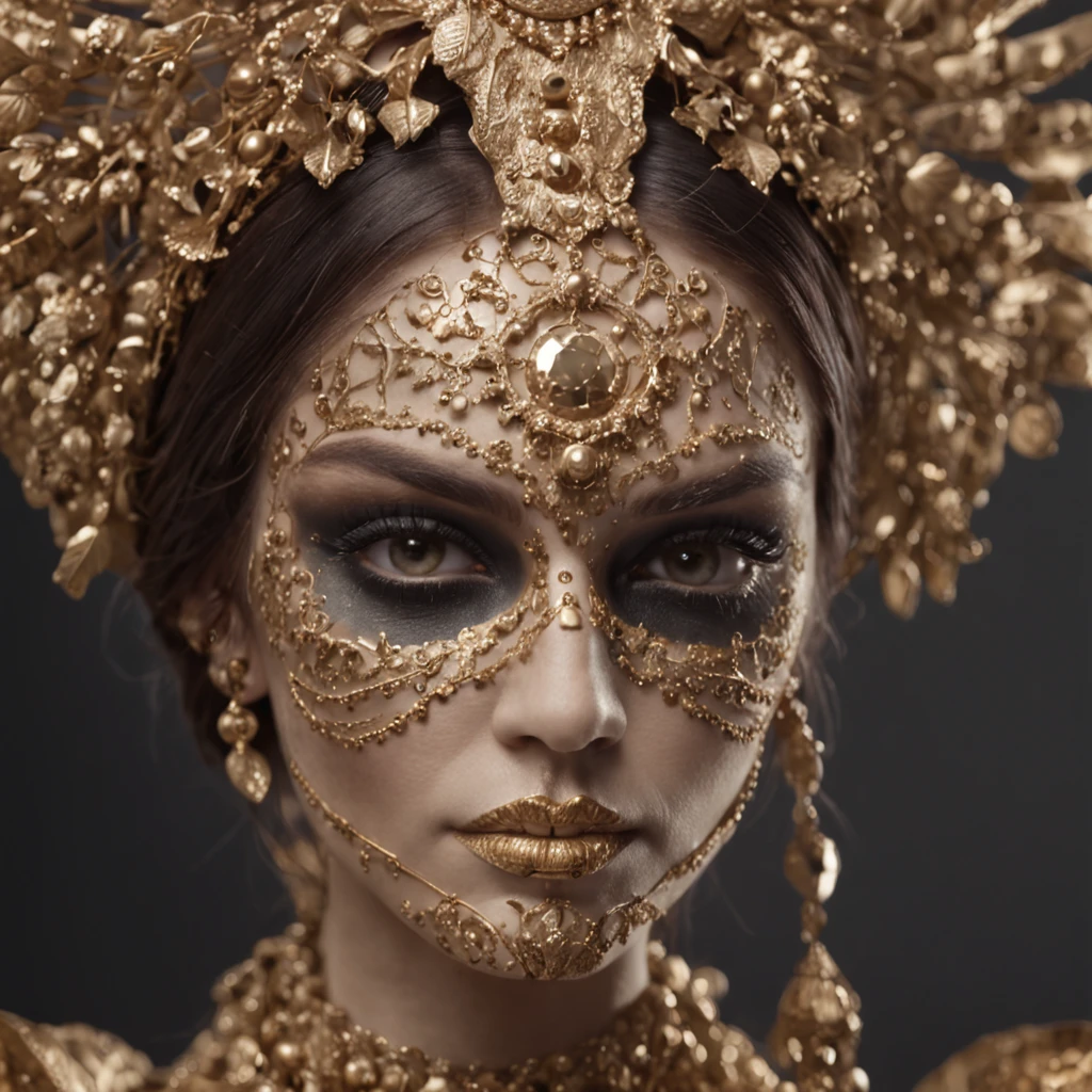 The woman wears gold and gold makeup,The style of the skull pattern,Covered with luxurious jewelry, jewelry, luxury goods, Dark white and dark bronze, Jewelry for painters and sculptors,High details,Realistic,hyper intricate details, 8K, Cinematic lighting, Cinematic