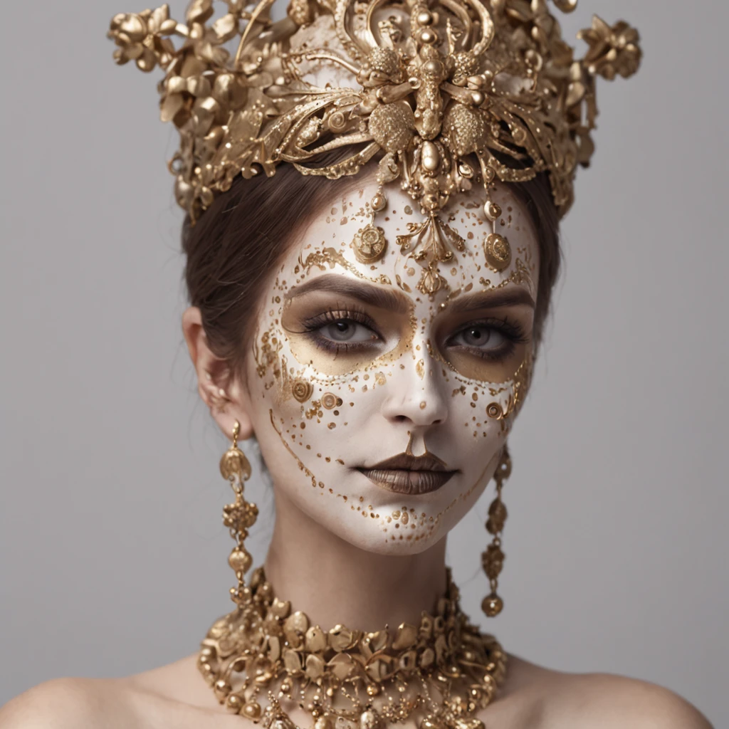 The woman wears gold and gold makeup,The style of the skull pattern,Covered with luxurious jewelry, jewelry, luxury goods, Dark white and dark bronze, Jewelry for painters and sculptors,High details,Realistic,hyper intricate details, 8K, Cinematic lighting, Cinematic