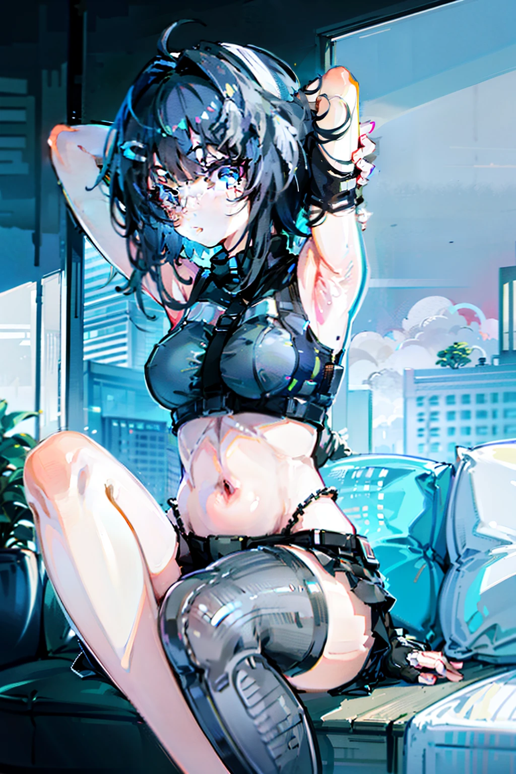 one-girl,Translucent white stockings,Meow gloves on both hands,Stretch your hands straight over your head,A pair of gray cat ears,A cat's tail,Only black underwear,The feet are open in the M shape