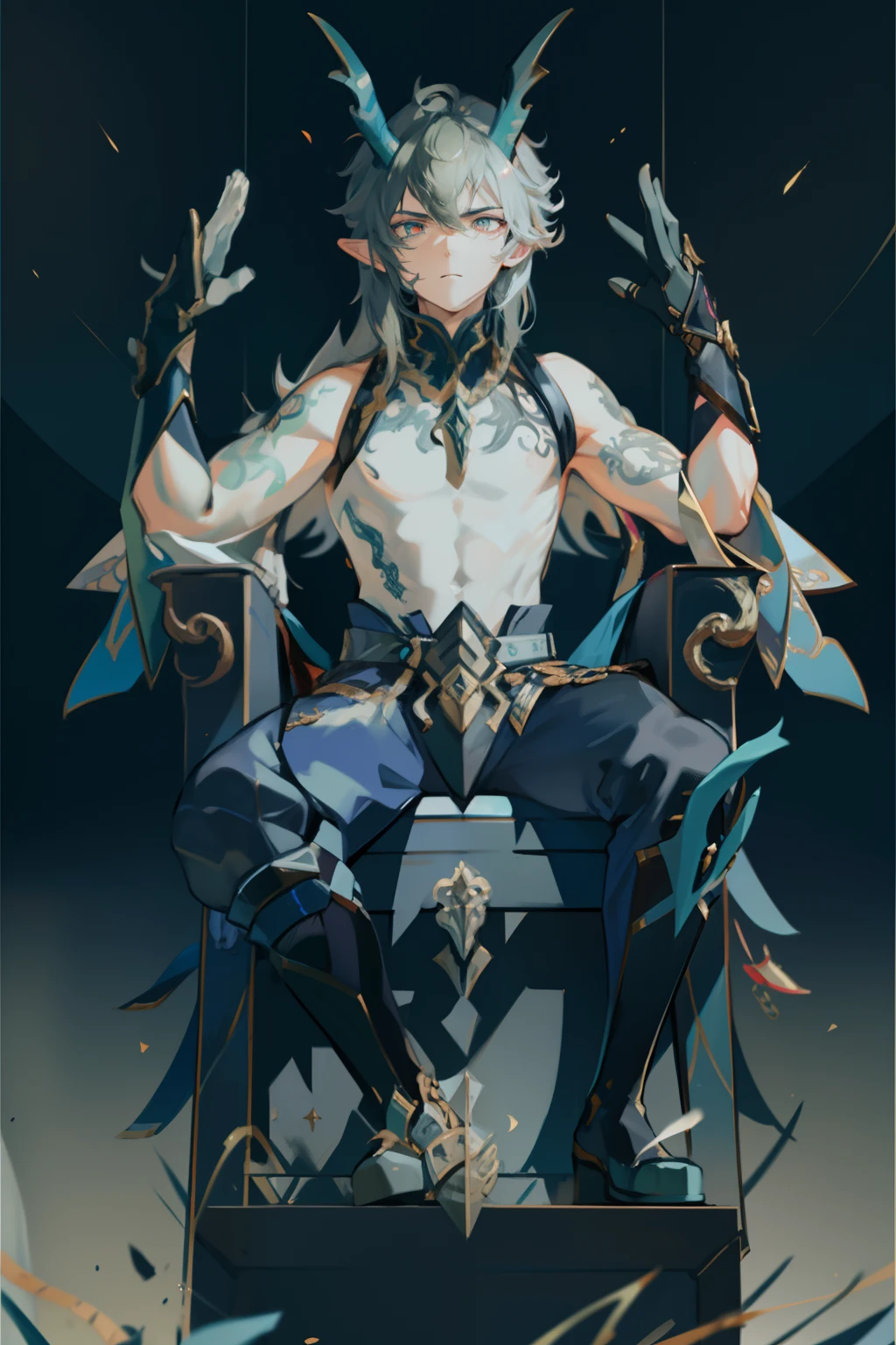 （absurderes，A high resolution，Hyper-detailing，hdr），Dragon's horn，younge boy，tmasterpiece，best qualtiy，1人，独奏，Handsome，Golden eyes，Fine eyes and detailed face，toppless，Tattooed with，arma，seated on a throne，Indifferent and arrogant，Abs，chest muscle，Raised sexy，Ruffian，Show your temperament，Male，masculine appeal，Male characteristics are distinct，Long messy hair，Arrogant，self-assured，Sitting majestically on the throne，Pondering，Legs crossed，white pantie，supreme，Lazy，Handsome，