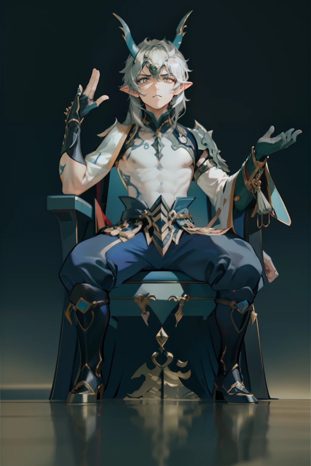（absurderes，A high resolution，Hyper-detailing，hdr），Dragon's horn，younge boy，tmasterpiece，best qualtiy，1人，独奏，Handsome，Golden eyes，Fine eyes and detailed face，toppless，Tattooed with，arma，seated on a throne，Indifferent and arrogant，Abs，chest muscle，Raised sexy，Ruffian，Show your temperament，Male，masculine appeal，Male characteristics are distinct，Long messy hair，Arrogant，self-assured，Sitting majestically on the throne，Pondering，Legs crossed，white pantie，supreme，Lazy，Handsome，