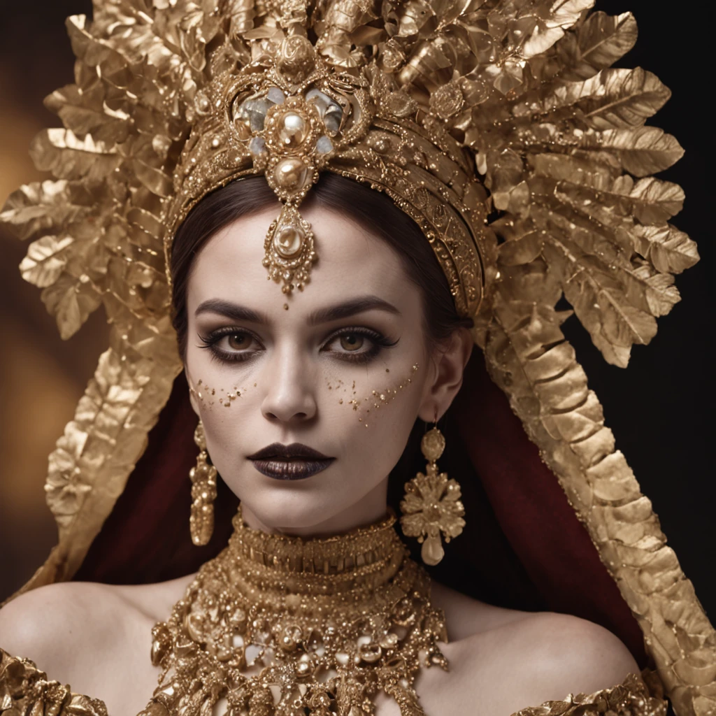 The woman wears gold and gold makeup,The style of the skull pattern,Covered with luxurious jewelry, jewelry, luxury goods, Dark white and dark bronze, Jewelry for painters and sculptors,High details,Realistic,hyper intricate details, 8K, Cinematic lighting, Cinematic