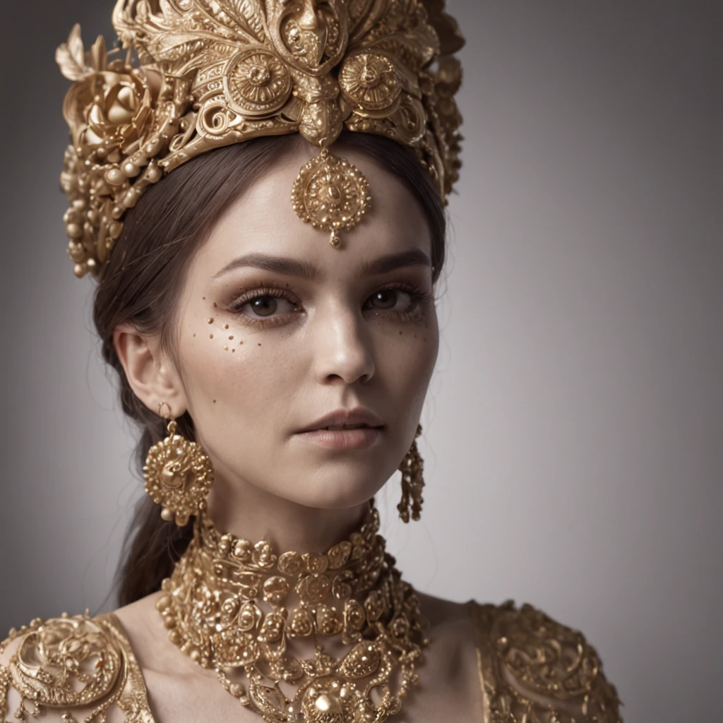 The woman wears gold and gold makeup,The style of the skull pattern,Covered with luxurious jewelry, jewelry, luxury goods, Dark white and dark bronze, Jewelry for painters and sculptors,High details,Realistic,hyper intricate details, 8K, Cinematic lighting, Cinematic