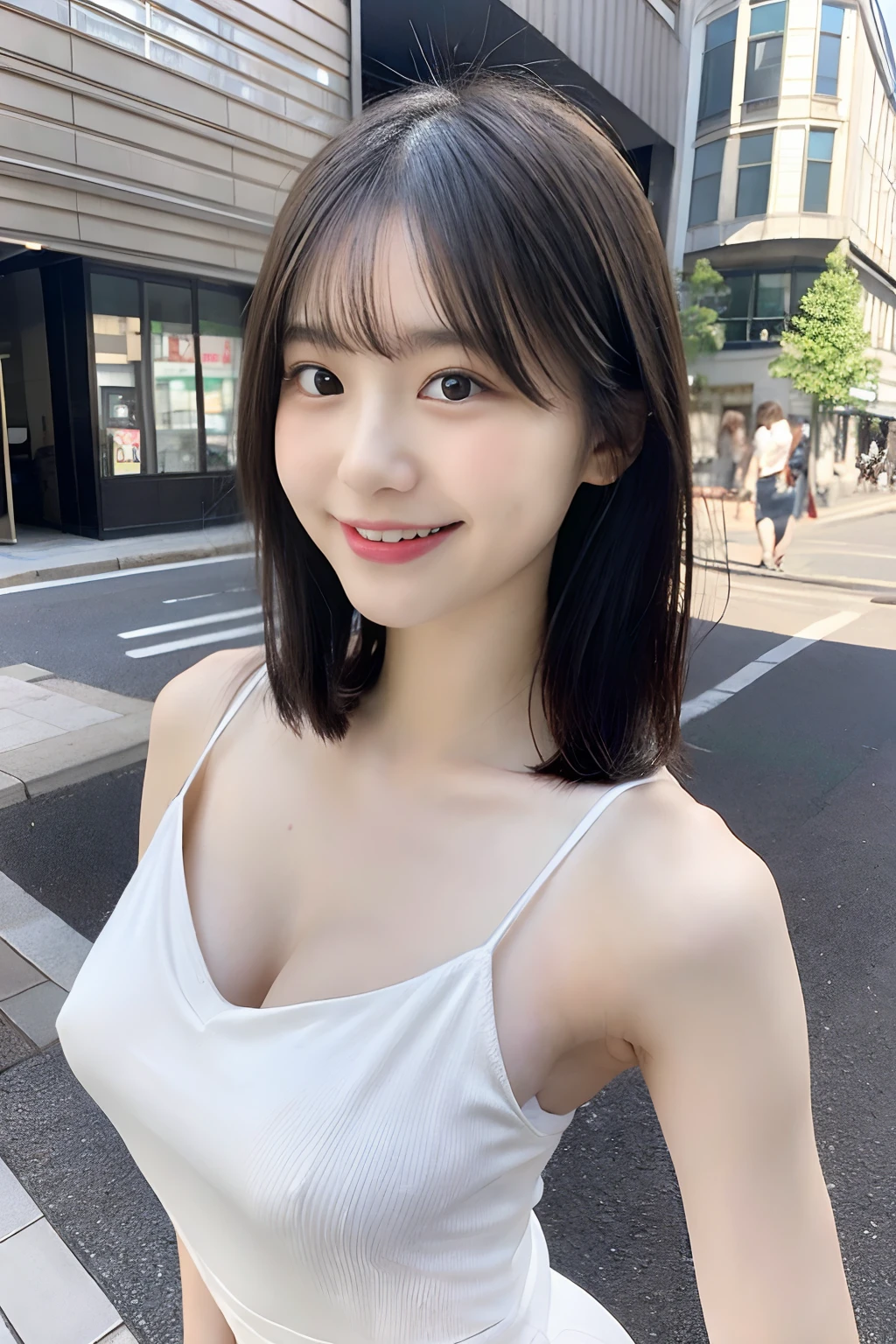 (top-quality), 1人の女性, A slender, White camisole, 18year old, Very white skin, Double eyelids, very large breast, kawaii pose, a miniskirt, full bodyesbian, a smile, Wide open chest, In the street,