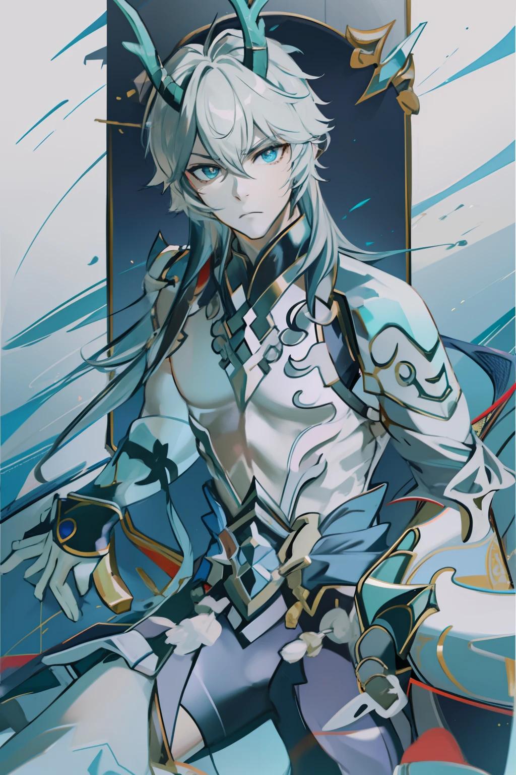 absurdres, highres, ultra detailed, HDR, master piece, best quality, perfect face, Neuvillette, white hair, expressive blue eyes, Genshin Impact, solo, sexy man, handsome, toned chest, sensual, erotic, black clothes, black pants, a winter fantasy world, snowflakes dropping down the sky, everything has turned into ice, a white dragon flying in the distance, exotic colors, magical, powers