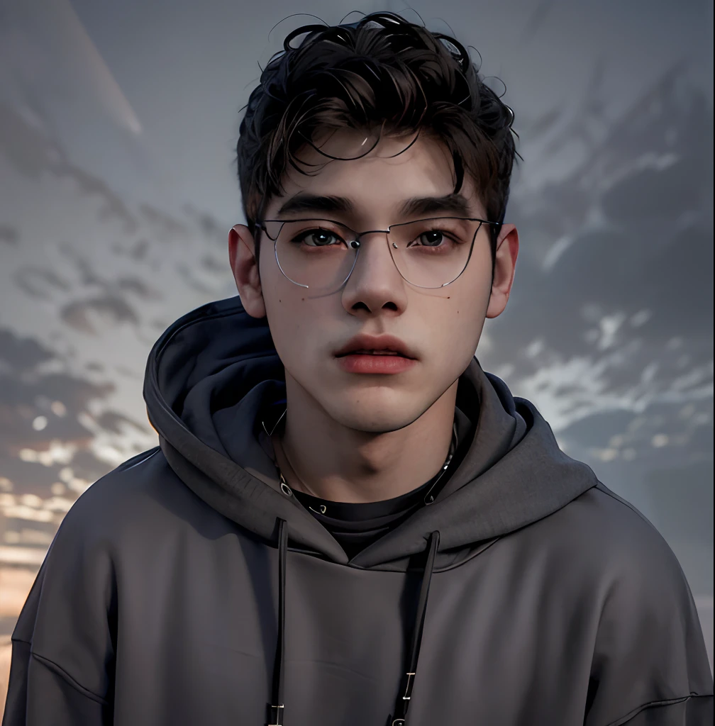 (masterpiece:1.2), (best quality:1.2), hyper realistic,highestres,absurdres,extremely detailed,volumetic,dramatic lighting,(frontal view),
20 year old boy,face,detailed eyes, dark grey hoodie, black t-shirt, with background ((sky))