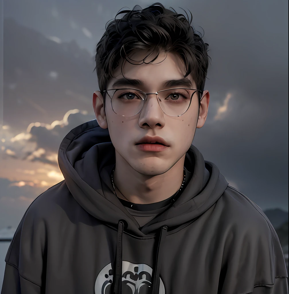 (masterpiece:1.2), (best quality:1.2), hyper realistic,highestres,absurdres,extremely detailed,volumetic,dramatic lighting,(frontal view),
20 year old boy,face,detailed eyes, dark grey hoodie, black t-shirt, with background ((sky))