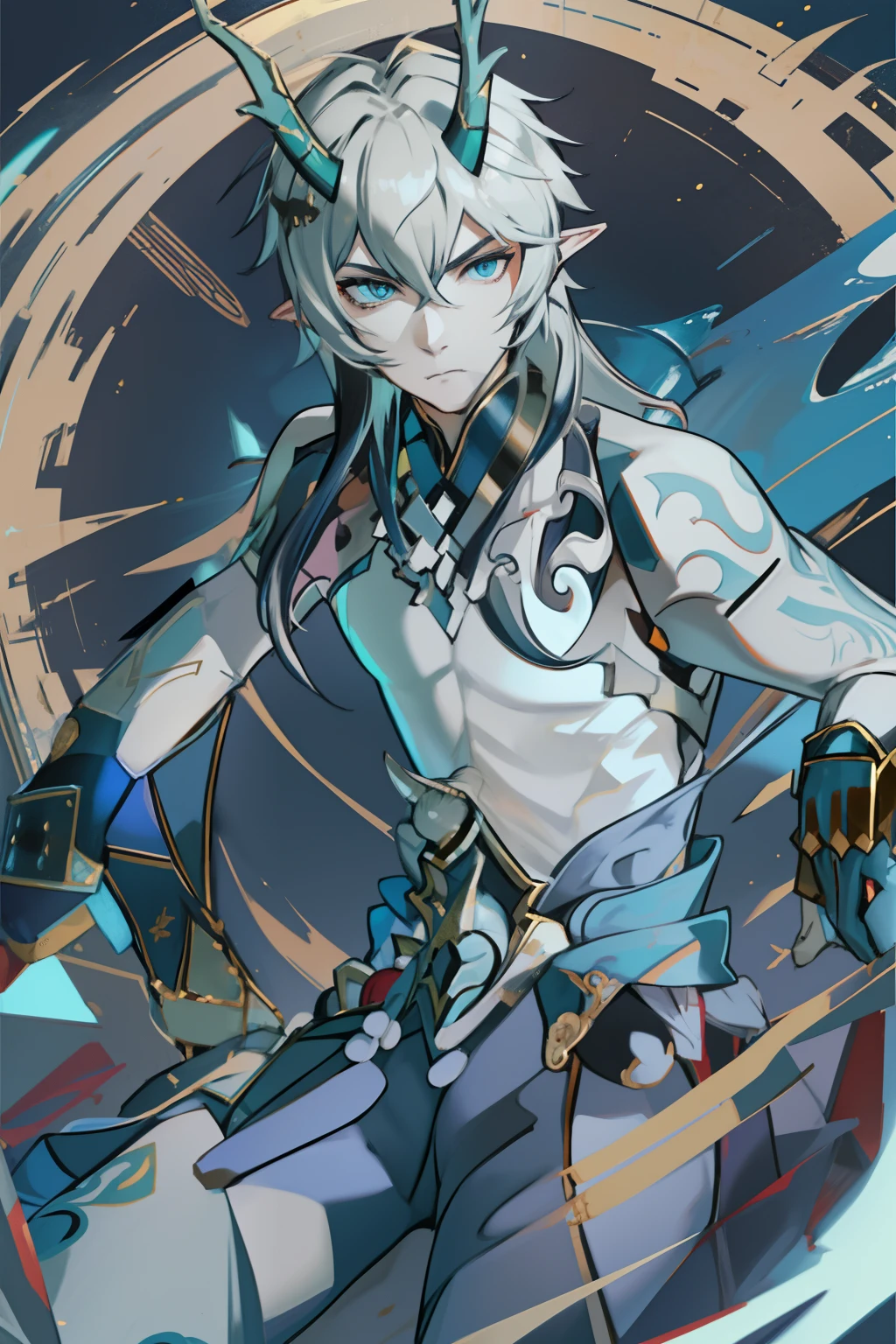 (absurderes,A high resolution,Hyper-detailing,hdr),Dragon's horn,younge boy,tmasterpiece,best qualtiy,1人,独奏,Handsome,Golden eyes,Fine eyes and detailed face,toppless,Tattooed with,arma,seated on a throne,Indifferent and arrogant,Abs,chest muscle,Raised sexy,Ruffian,Show your temperament,Male,masculine appeal,Male characteristics are distinct,Long messy hair,Arrogant,self-assured,Sitting majestically on the throne,Pondering,Legs crossed,white pantie,supreme,Lazy,Handsome,