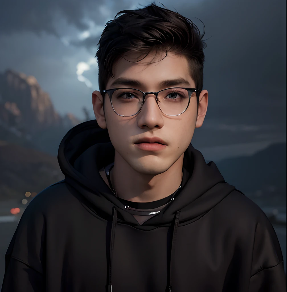 (masterpiece:1.2), (best quality:1.2), hyper realistic,highestres,absurdres,extremely detailed,volumetic,dramatic lighting,(frontal view),
20 year old boy,face,detailed eyes, flat black hoodie, black t-shirt, with background ((sky))