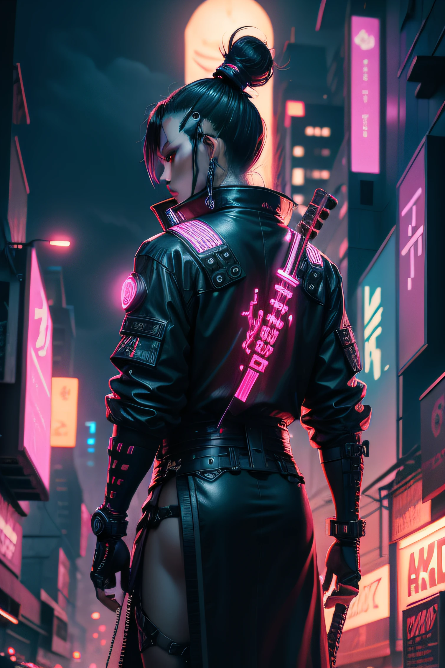 cyber punk digital art of a neon lit city with a samurai figure highlighting the contrast between traditional and futuristic 4k highly detailed digital art, 8k stunning artwork