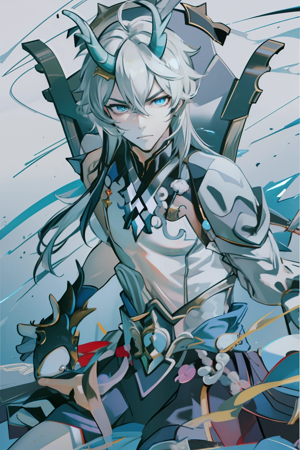 (absurderes,A high resolution,Hyper-detailing,hdr),Dragon's horn,younge boy,tmasterpiece,best qualtiy,1人,独奏,Handsome,Golden eyes,Fine eyes and detailed face,toppless,Tattooed with,arma,seated on a throne,Indifferent and arrogant,Abs,chest muscle,Raised sexy,Ruffian,Show your temperament,Male,masculine appeal,Male characteristics are distinct,Long messy hair,Arrogant,self-assured,Sitting majestically on the throne,Pondering,Legs crossed,white pantie,supreme,Lazy,Handsome,