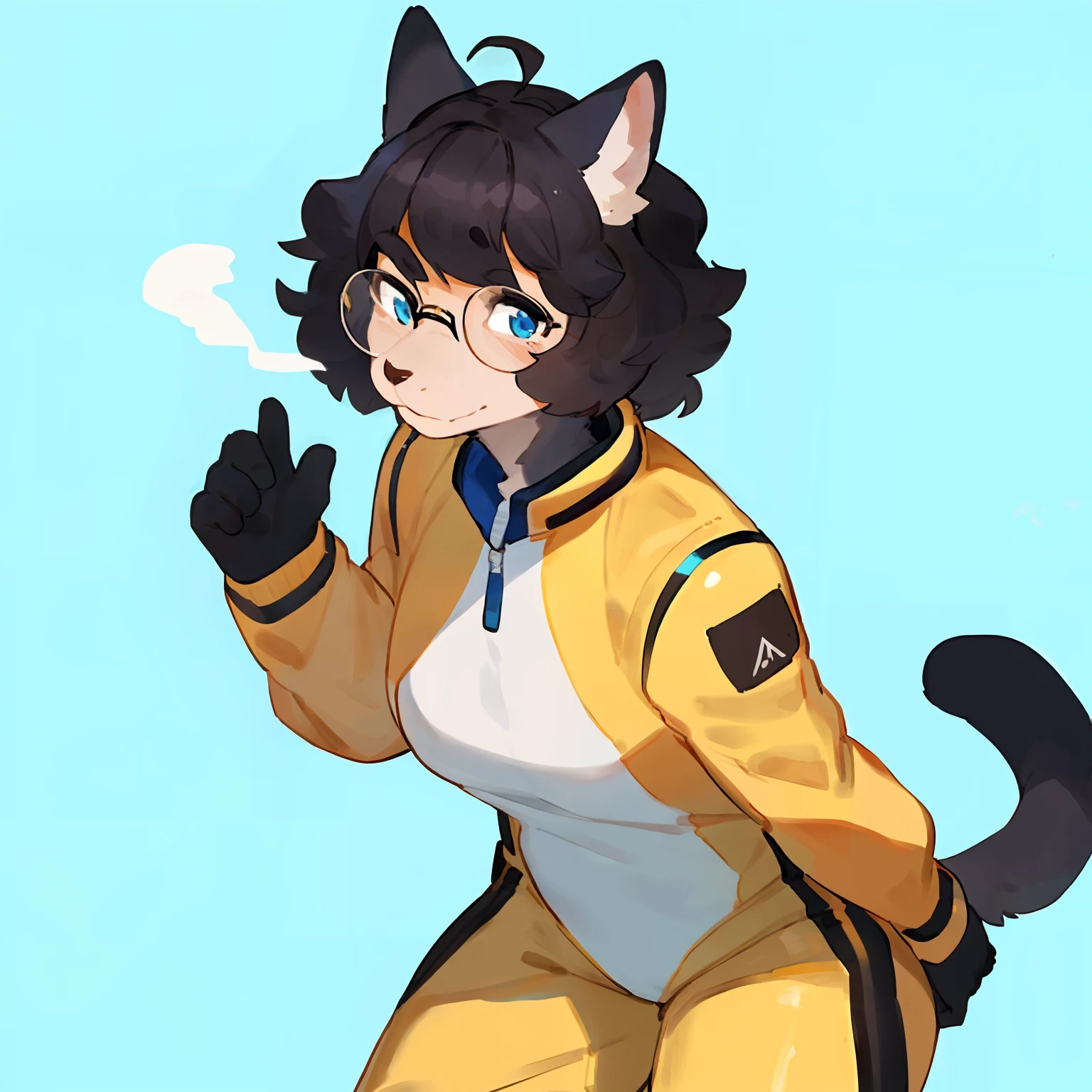 by bebebebebe, by goonie-san, by bigcozyorca, by buta99, solo, female, standing, feline, (((detailed eyes, glasses))), plump, medium hair, ((snout)), tail, smoky colored fur, grey fur, dark fur, black hair, ((wavy hair, short hair, swept fringe)), blue eyes, blue, black and yellow spacesuit