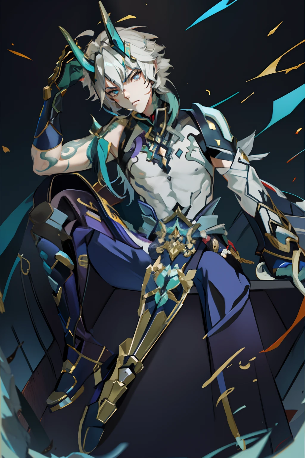 (absurderes,A high resolution,Hyper-detailing,hdr),Dragon's horn,younge boy,tmasterpiece,best qualtiy,1人,独奏,Handsome,Golden eyes,Fine eyes and detailed face,toppless,Tattooed with,arma,seated on a throne,Indifferent and arrogant,Abs,chest muscle,Raised sexy,Ruffian,Show your temperament,Male,masculine appeal,Male characteristics are distinct,Long messy hair,Arrogant,self-assured,Sitting majestically on the throne,Pondering,Legs crossed,white pantie,supreme,Lazy,Handsome,