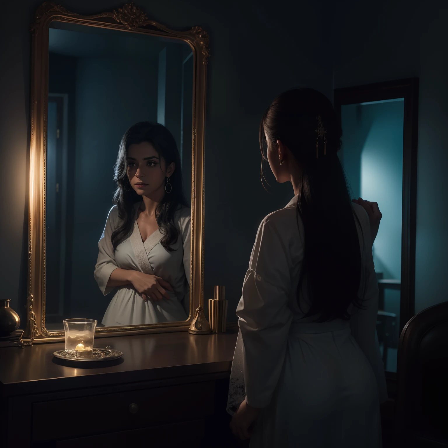 A woman looking at her creepy, distorted reflection in the mirror, elaborately framed mirror, spooky reflection, spooky reflection, realistic image