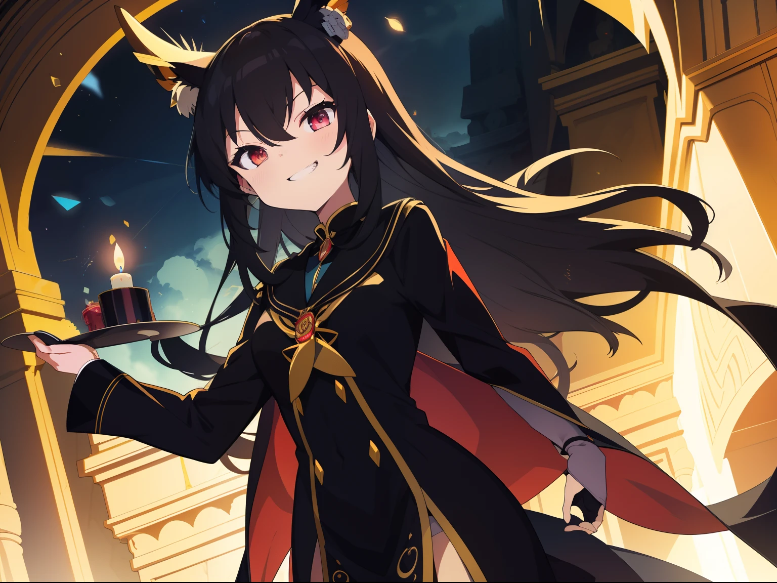 bright look,The smile is bright,Long black hair shawl。She loves to tease,And with a smug look。Dressed in brightly colored court costumes。Background with:Inside the magnificent palace,Candles flicker,The atmosphere seemed warm and oppressive。