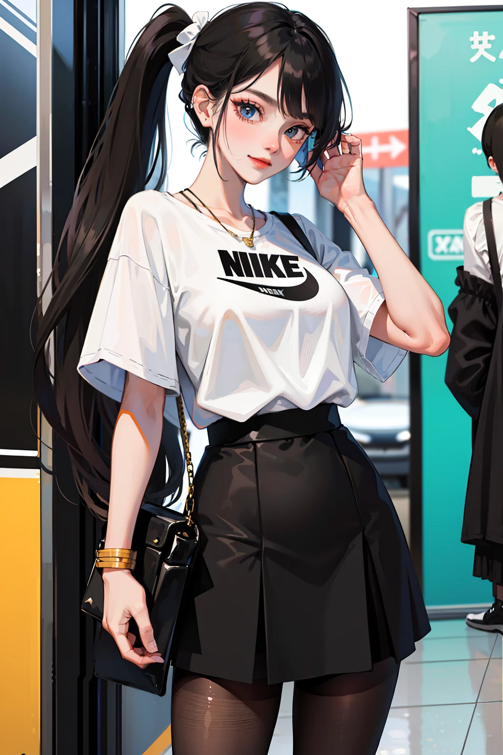 (Best quality, 8k, masterpiece), (a pretty girl, pure black long hair, princess cut, Hime hairstyle, hair edges are neat, big eyes: 1.2, long eyelashes, delicate makeup: 1.2, blush), (delicate watch, delicate necklace, large earrings), (caught in the subway train, standing, subway station etc.), (fashionable outfit, leopard print shorts on the outside, white T-shirt on the inside, Nike, black fashion sunglasses hanging on the clothes), (medium chest, stiff), ( Black Oil Glossy Clear Pantyhose), (High-waisted Skirt), Light Ripen, Royal Sister, Best Light, Best Shadow, Movie Lighting, 28 Years Old, 1girl, Acura, (Real Skin, Supple Skin) Ray Tracing, Unreal Engine 5, Reflective Skin, Digital Illustration, Game CG Characters, Supermodel, (Kpop, idol), (Body Edge Light, Colored Light Sources Around), Wind Blowing Hair, Listening to Songs with Headphones, (Looking at the Camera with a shy smile, happy expression), (thin waist, wide hips, buttocks), close-up