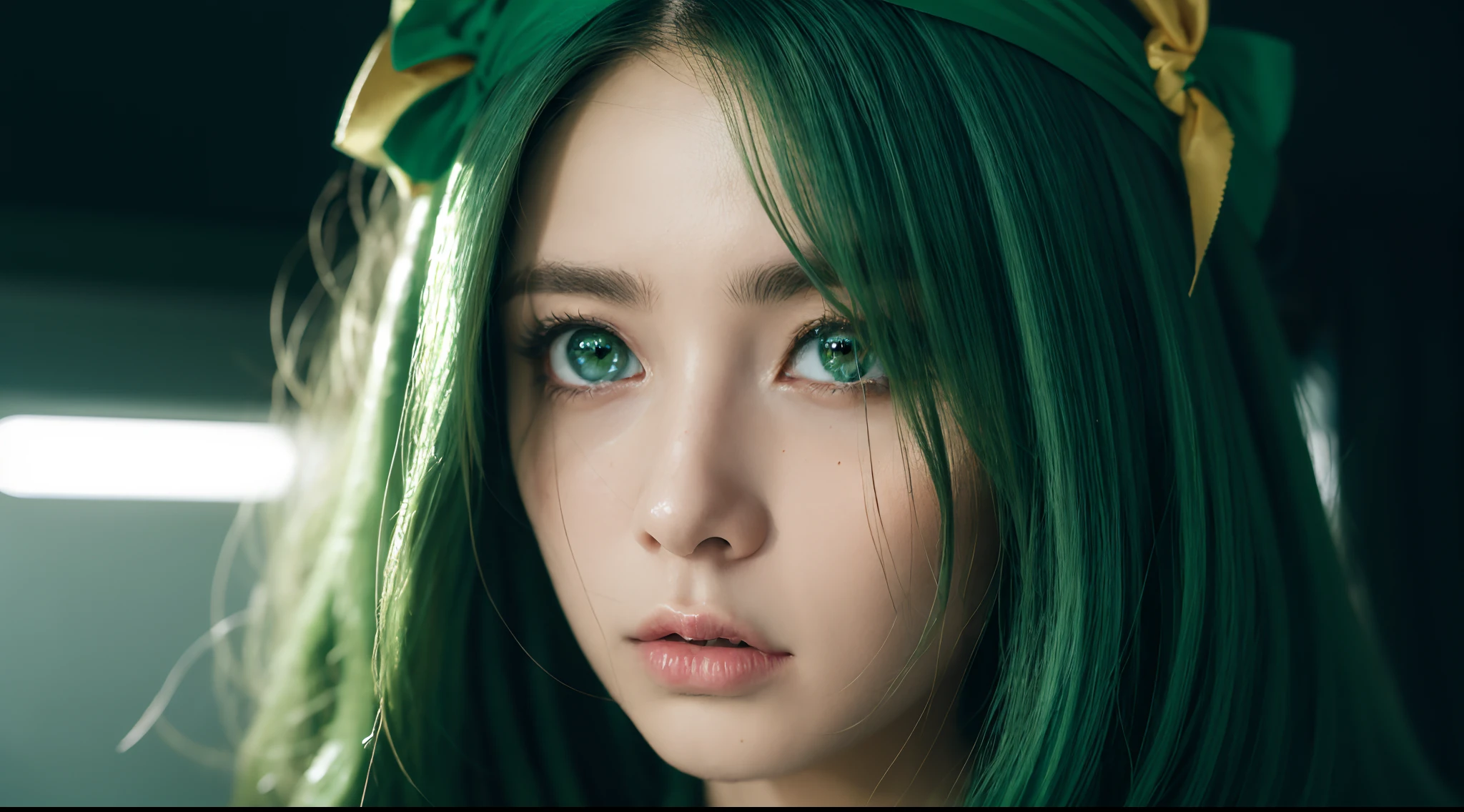 gradient hair, green hair, asymmetrical hair, floating hair, low-tied long hair, bow hairband, dilated pupils, upturned eyes, longeyelashes, kemonomimi mode, sleepy, gloom (expression), Surrealism, cinematic lighting, reflection light, Eye-Level Shot, close-up, partially underwater shot, UHD, textured skin, highres, 1080P, highres, 16k