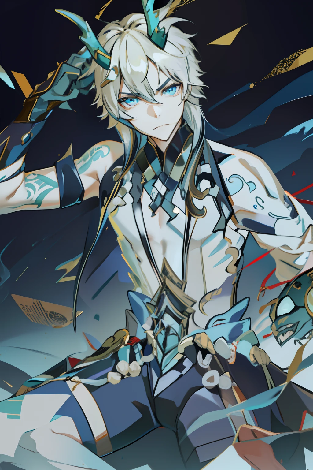 (absurderes,A high resolution,Hyper-detailing,hdr),Dragon's horn,younge boy,tmasterpiece,best qualtiy,1人,独奏,Handsome,Golden eyes,Fine eyes and detailed face,toppless,Tattooed with,arma,seated on a throne,Indifferent and arrogant,Abs,chest muscle,Raised sexy,Ruffian,Show your temperament,Male,masculine appeal,Male characteristics are distinct,Long messy hair,Arrogant,self-assured,Sitting majestically on the throne,Pondering,Legs crossed,white pantie,supreme,Lazy,Handsome,