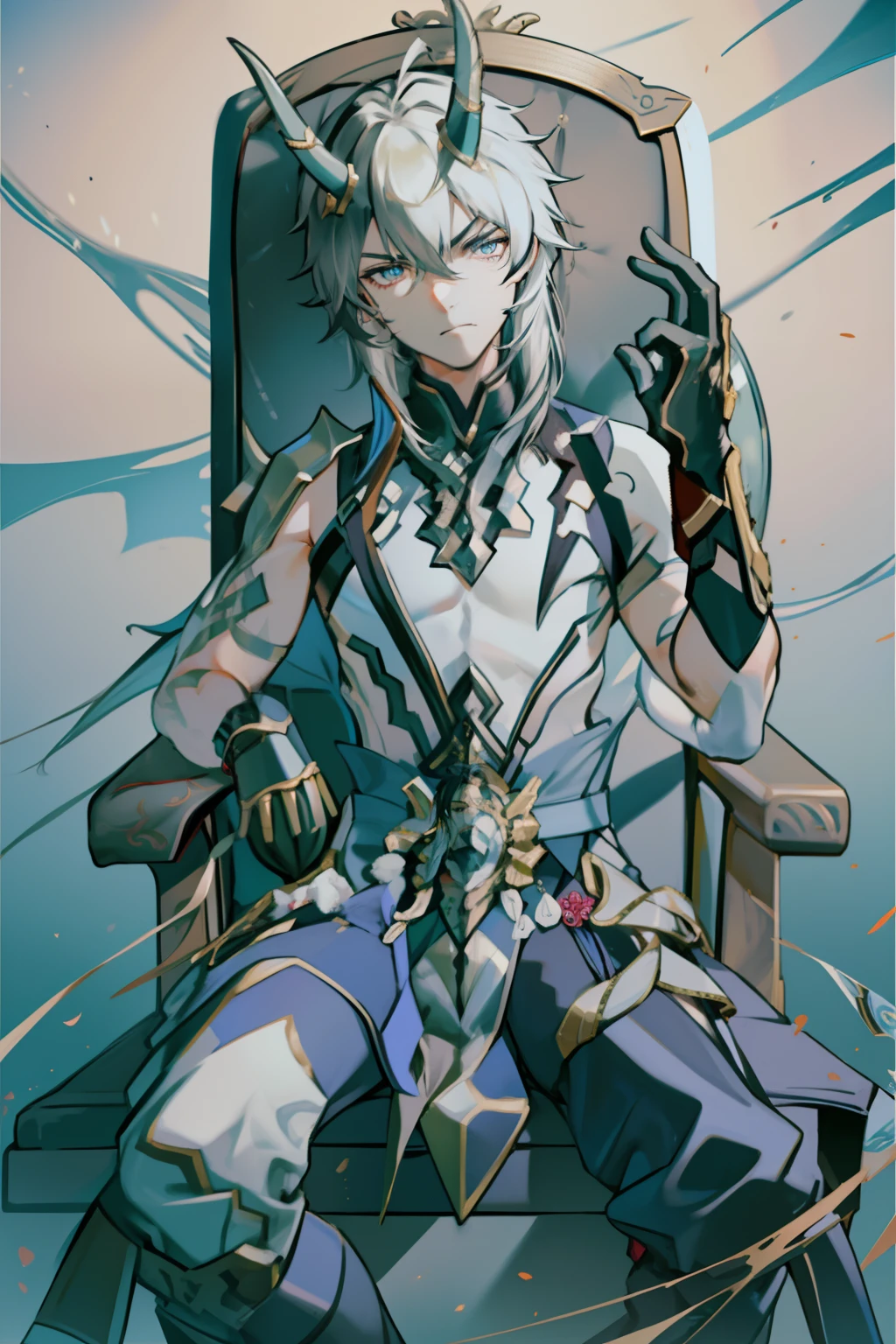 (absurderes,A high resolution,Hyper-detailing,hdr),Dragon's horn,younge boy,tmasterpiece,best qualtiy,1人,独奏,Handsome,Golden eyes,Fine eyes and detailed face,toppless,Tattooed with,arma,seated on a throne,Indifferent and arrogant,Abs,chest muscle,Raised sexy,Ruffian,Show your temperament,Male,masculine appeal,Male characteristics are distinct,Long messy hair,Arrogant,self-assured,Sitting majestically on the throne,Pondering,Legs crossed,white pantie,supreme,Lazy,Handsome,